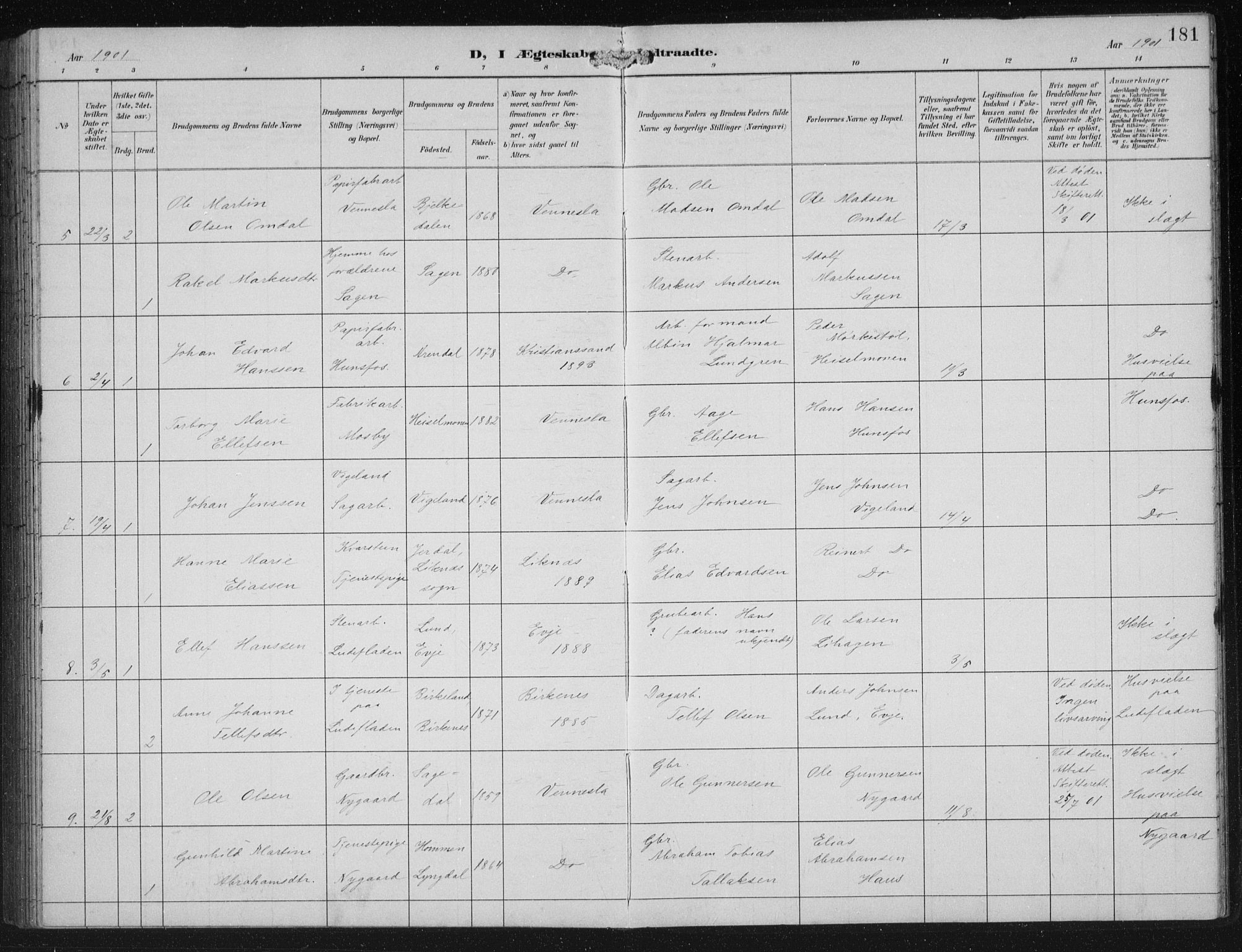 Vennesla sokneprestkontor, AV/SAK-1111-0045/Fb/Fbb/L0004: Parish register (copy) no. B 4, 1893-1902, p. 181