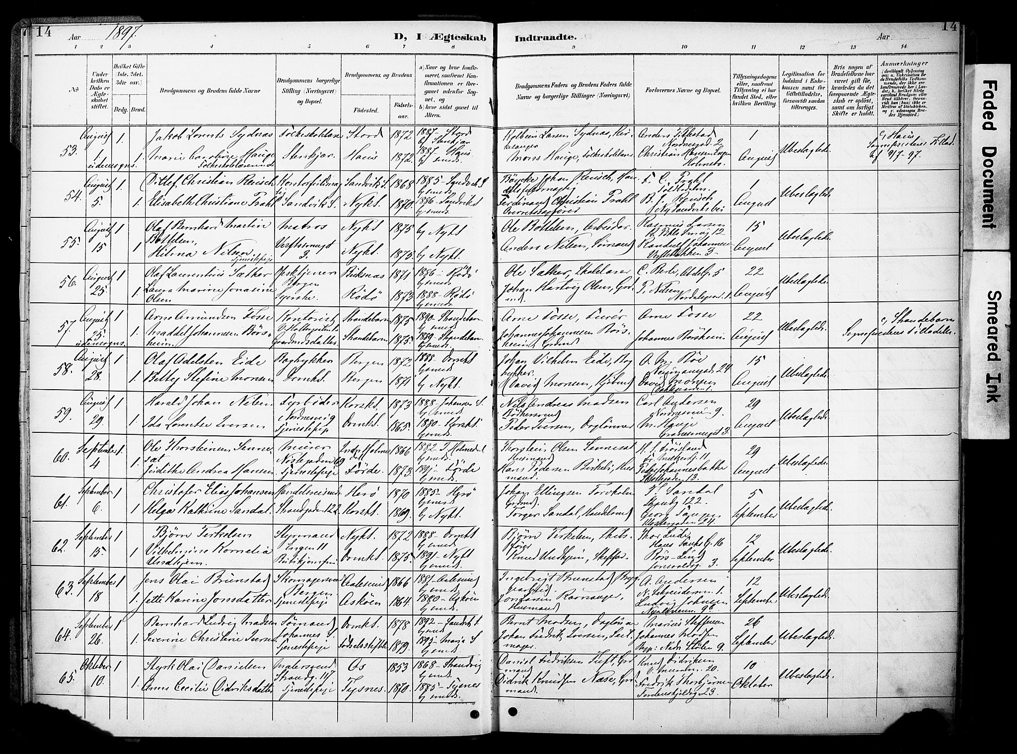 Nykirken Sokneprestembete, AV/SAB-A-77101/H/Haa/L0034: Parish register (official) no. D 4, 1896-1905, p. 14