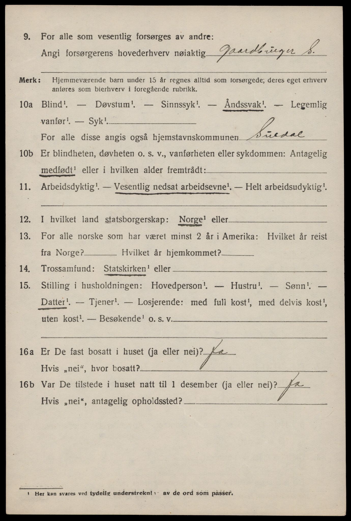 SAST, 1920 census for Suldal, 1920, p. 907