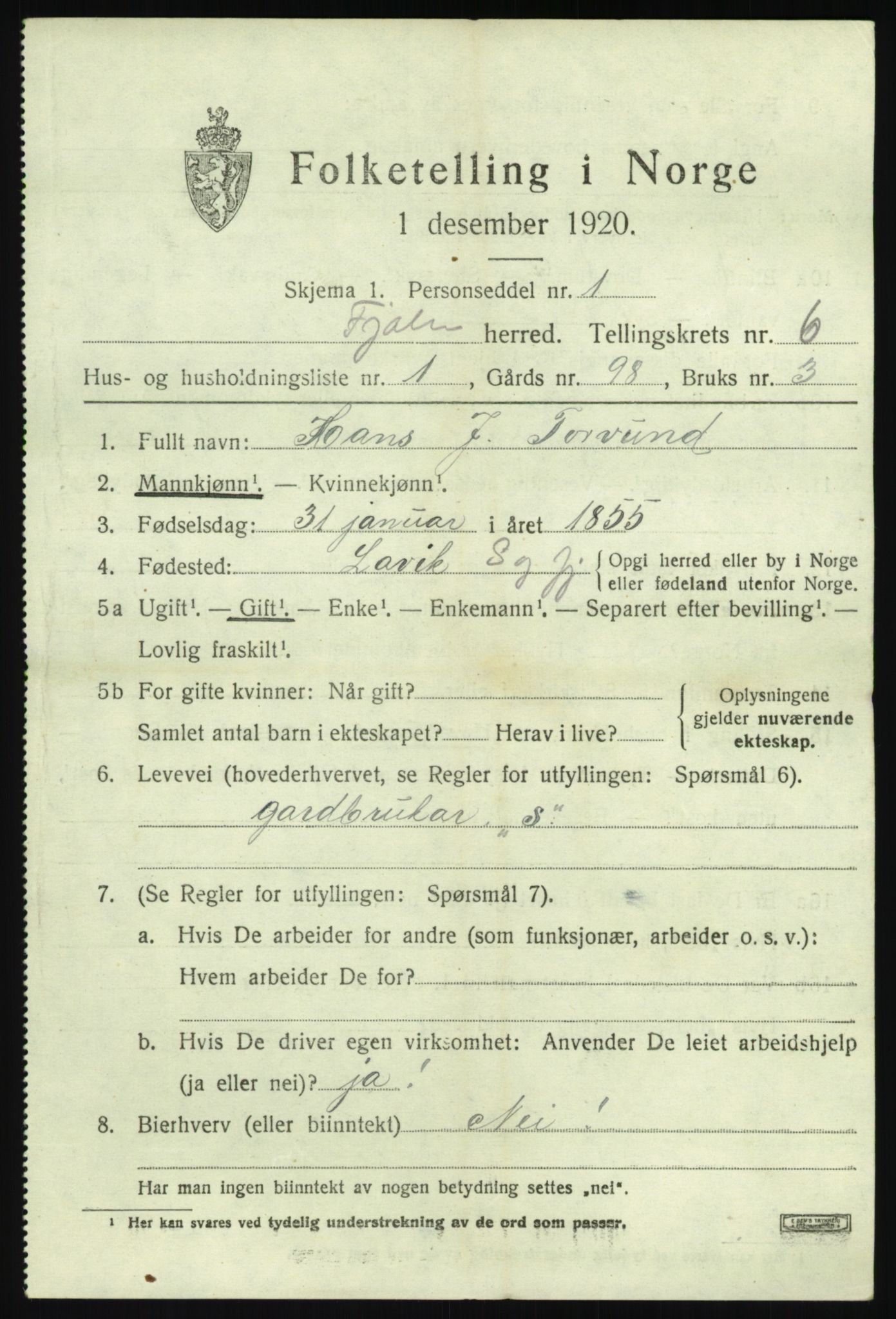 SAB, 1920 census for Fjaler, 1920, p. 3769