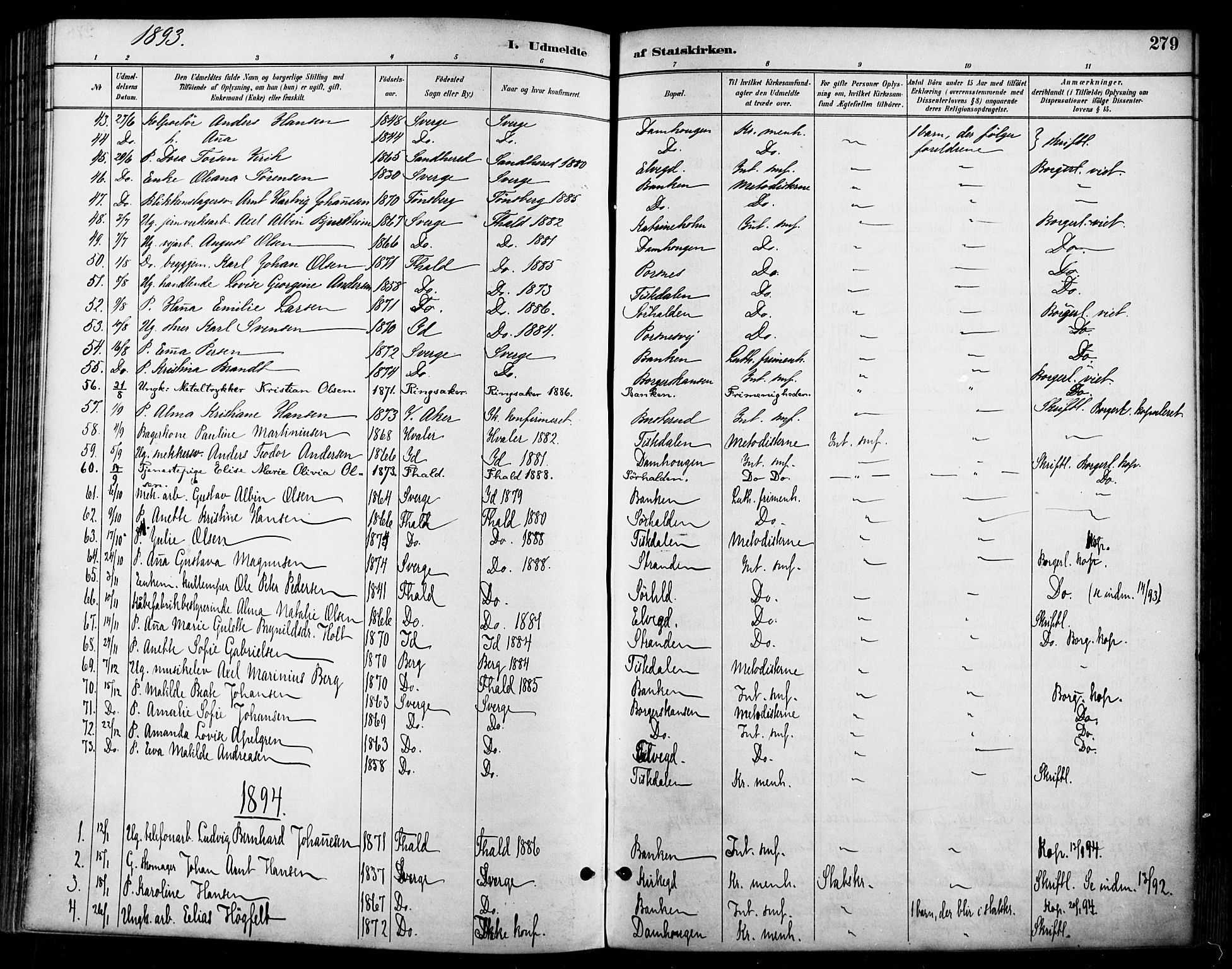 Halden prestekontor Kirkebøker, SAO/A-10909/F/Fa/L0014: Parish register (official) no. I 14, 1890-1906, p. 279