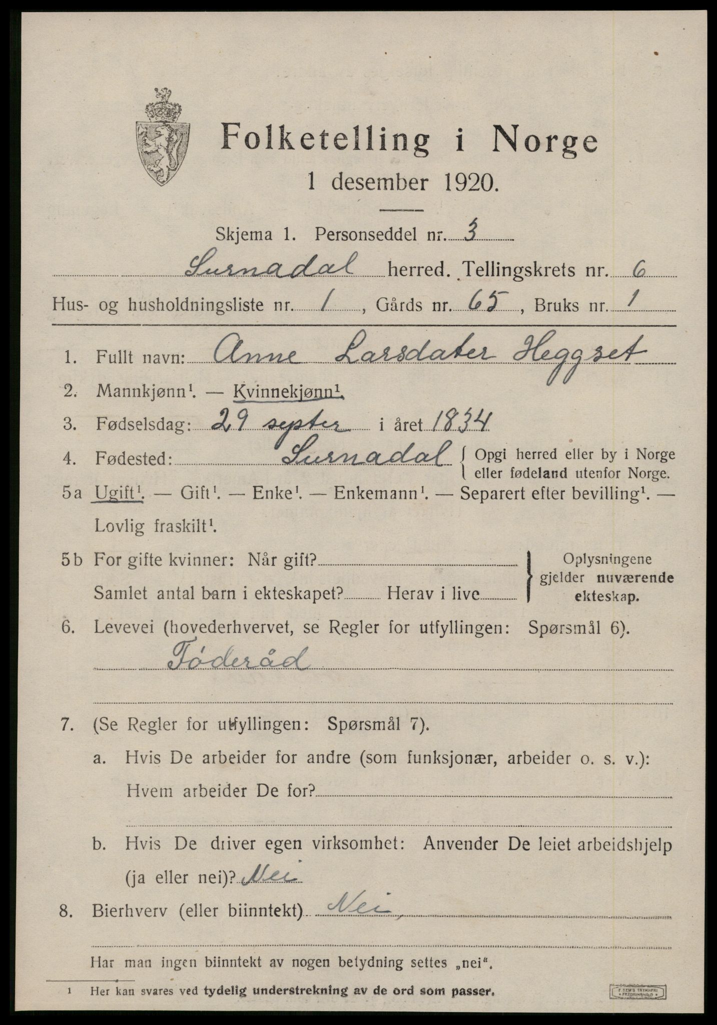 SAT, 1920 census for Surnadal, 1920, p. 4299