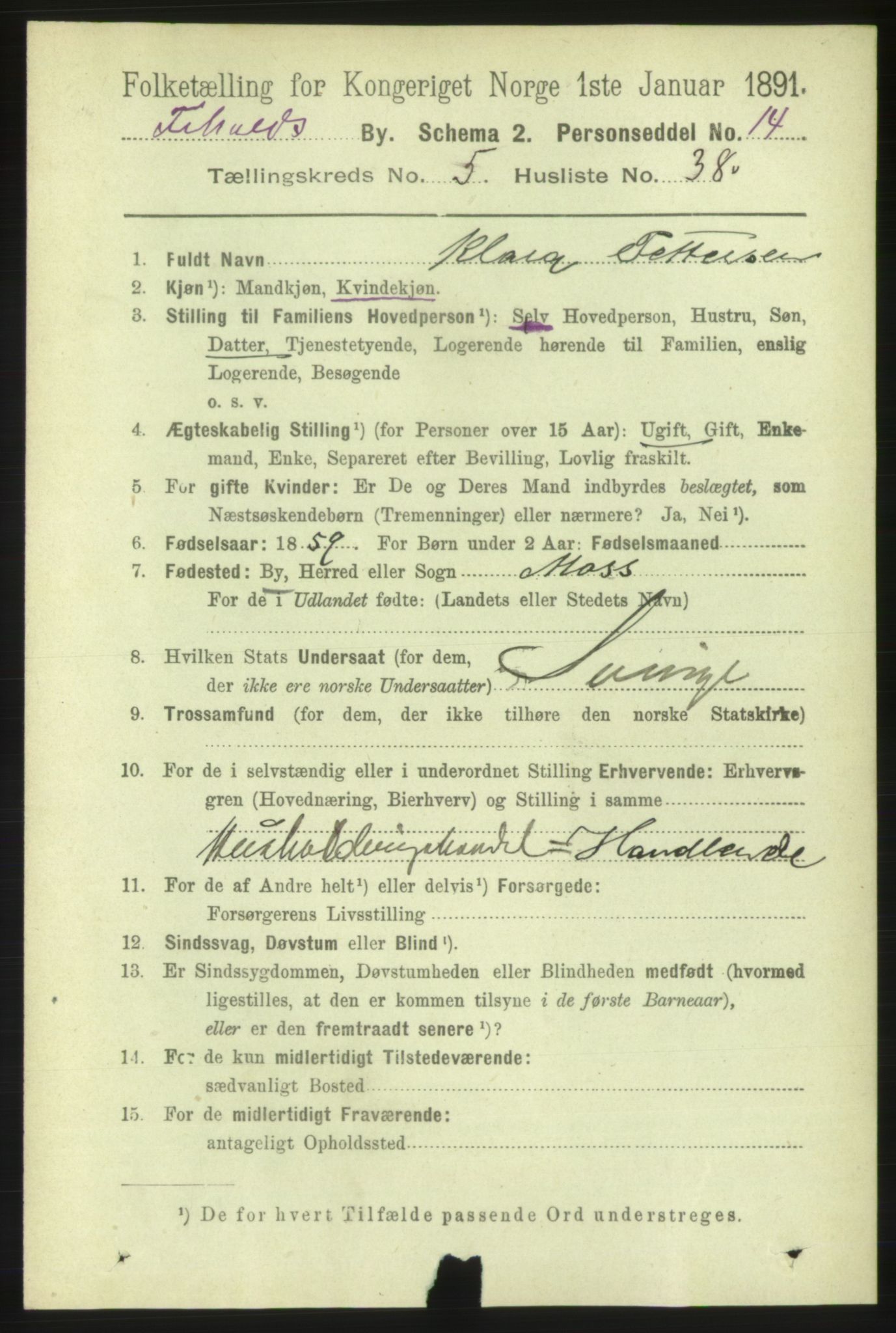 RA, 1891 census for 0101 Fredrikshald, 1891, p. 4459