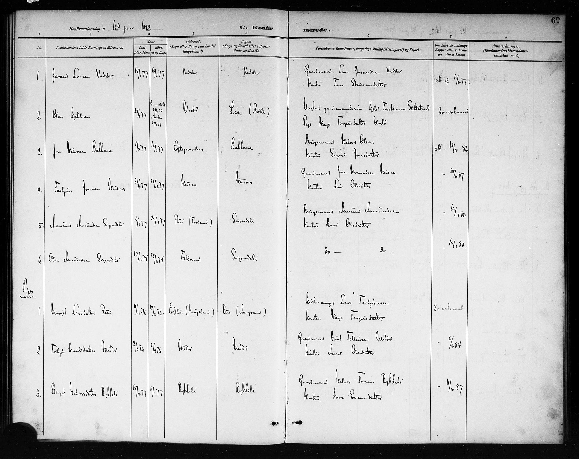Mo kirkebøker, SAKO/A-286/G/Ga/L0002: Parish register (copy) no. I 2, 1892-1914, p. 67