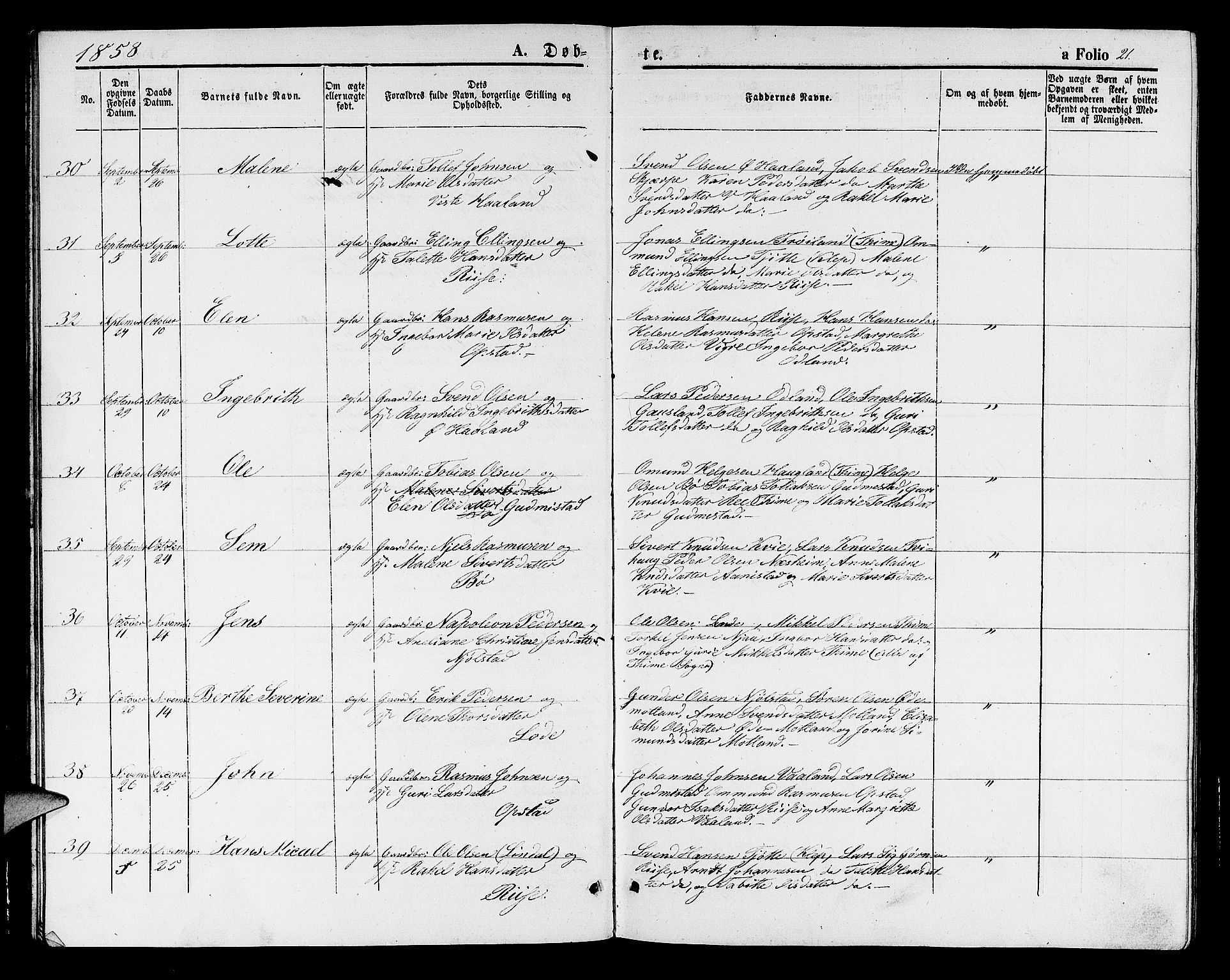 Hå sokneprestkontor, AV/SAST-A-101801/001/30BB/L0001: Parish register (copy) no. B 1, 1854-1883, p. 21