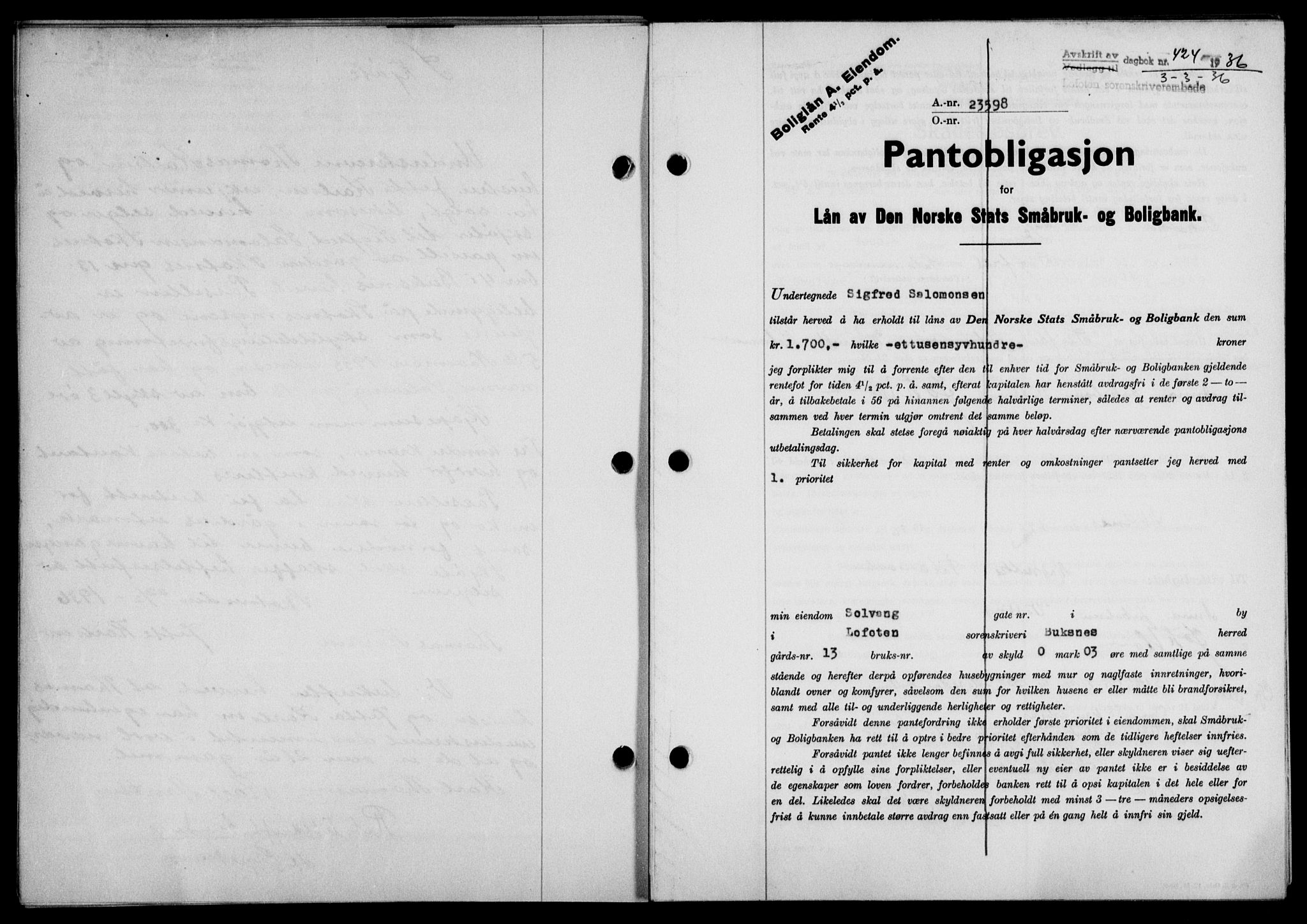 Lofoten sorenskriveri, SAT/A-0017/1/2/2C/L0033b: Mortgage book no. 33b, 1936-1936, Diary no: : 424/1936