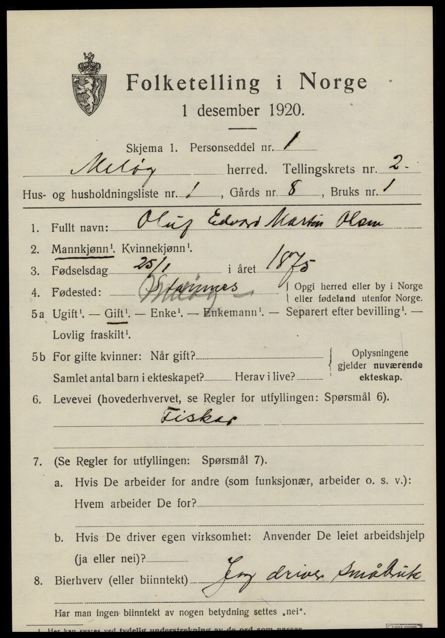 SAT, 1920 census for Meløy, 1920, p. 2127