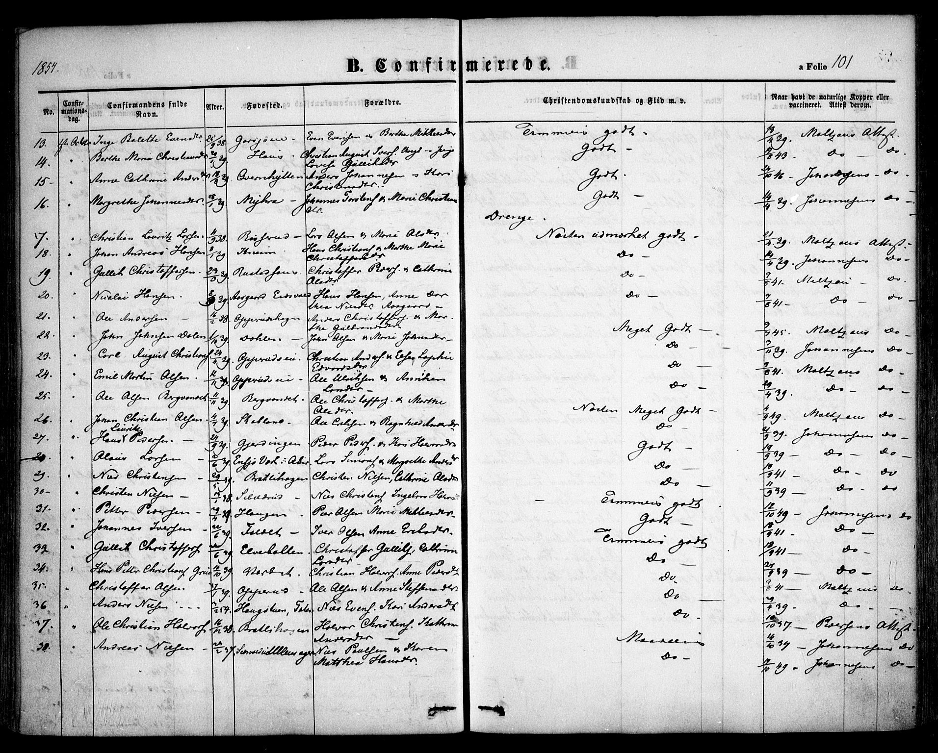 Hurdal prestekontor Kirkebøker, AV/SAO-A-10889/F/Fa/L0005: Parish register (official) no. I 5, 1846-1859, p. 101