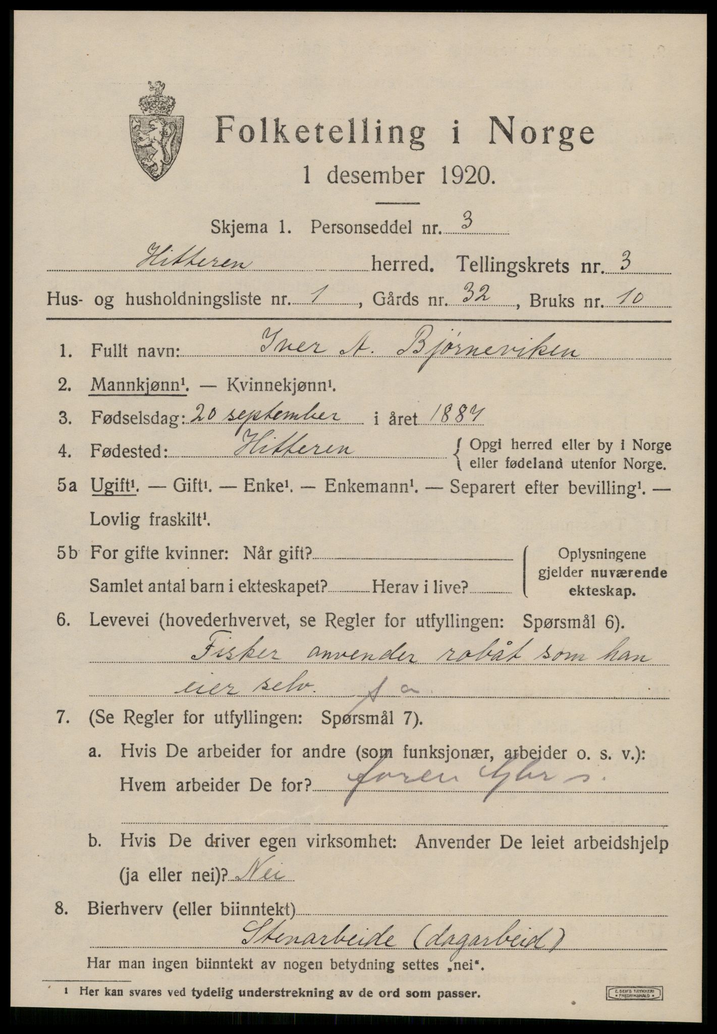 SAT, 1920 census for Hitra, 1920, p. 1165