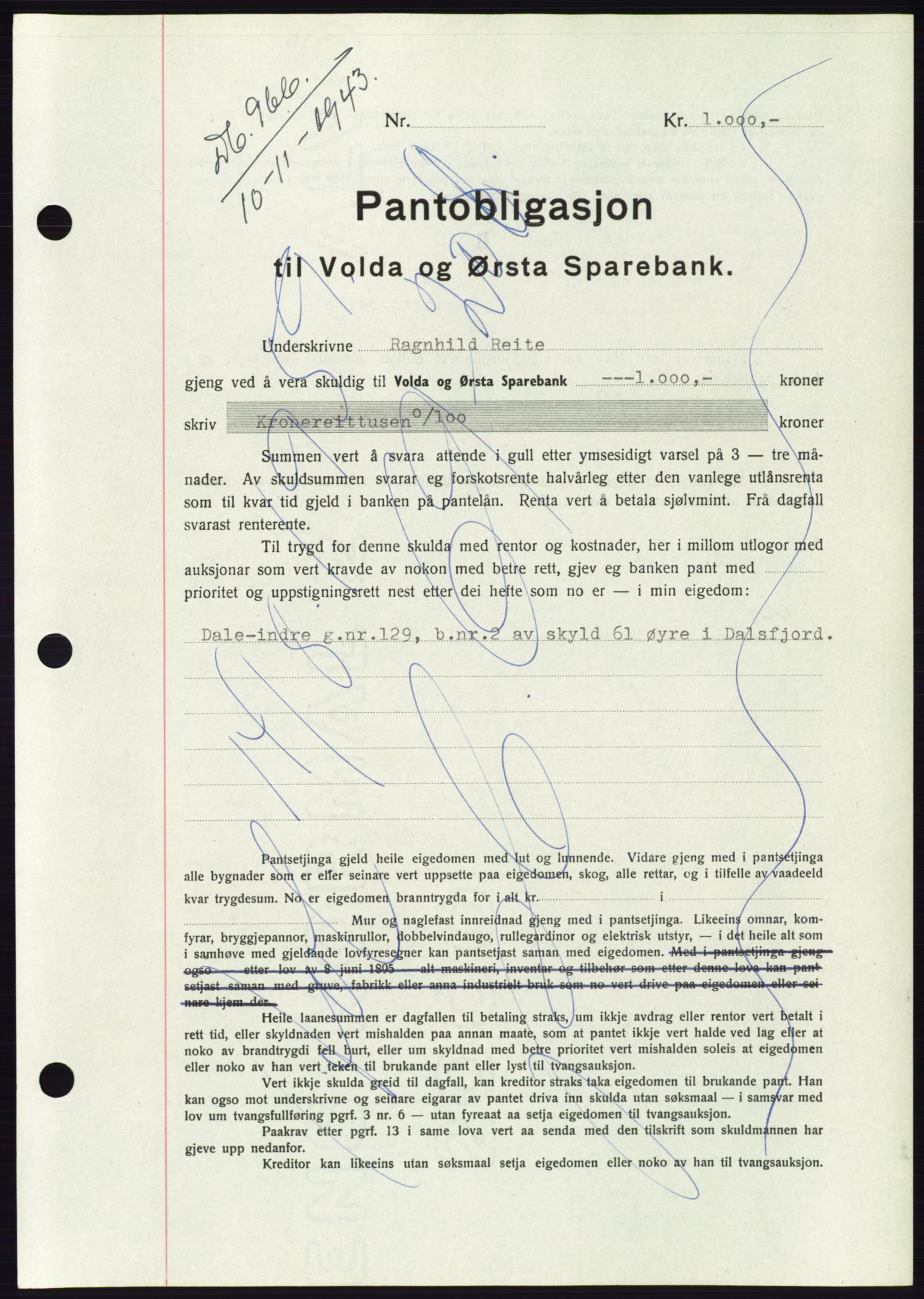 Søre Sunnmøre sorenskriveri, AV/SAT-A-4122/1/2/2C/L0114: Mortgage book no. 1-2B, 1943-1947, Diary no: : 966/1943