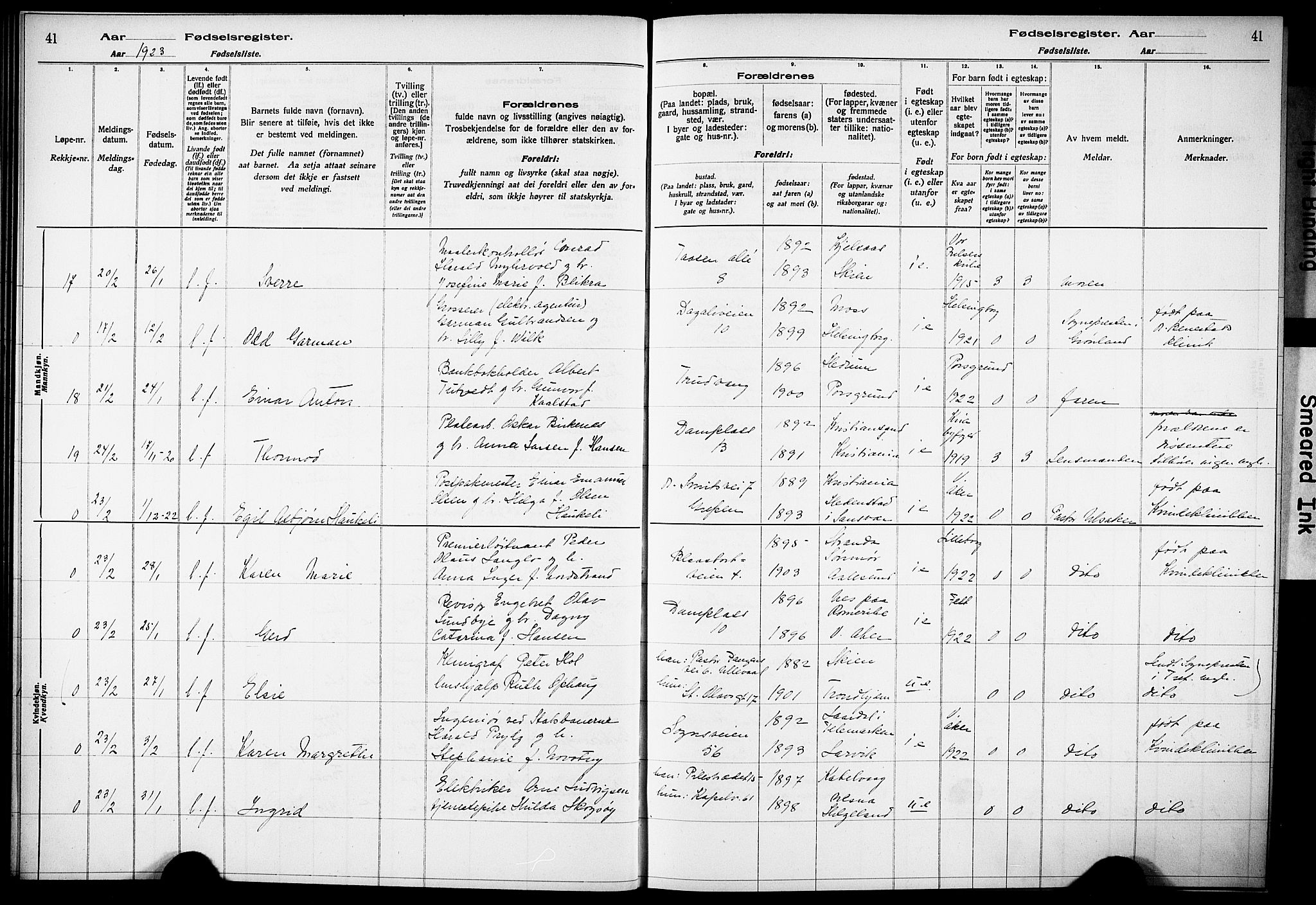 Vestre Aker prestekontor Kirkebøker, SAO/A-10025/J/Ja/L0002: Birth register no. 2, 1922-1926, p. 41