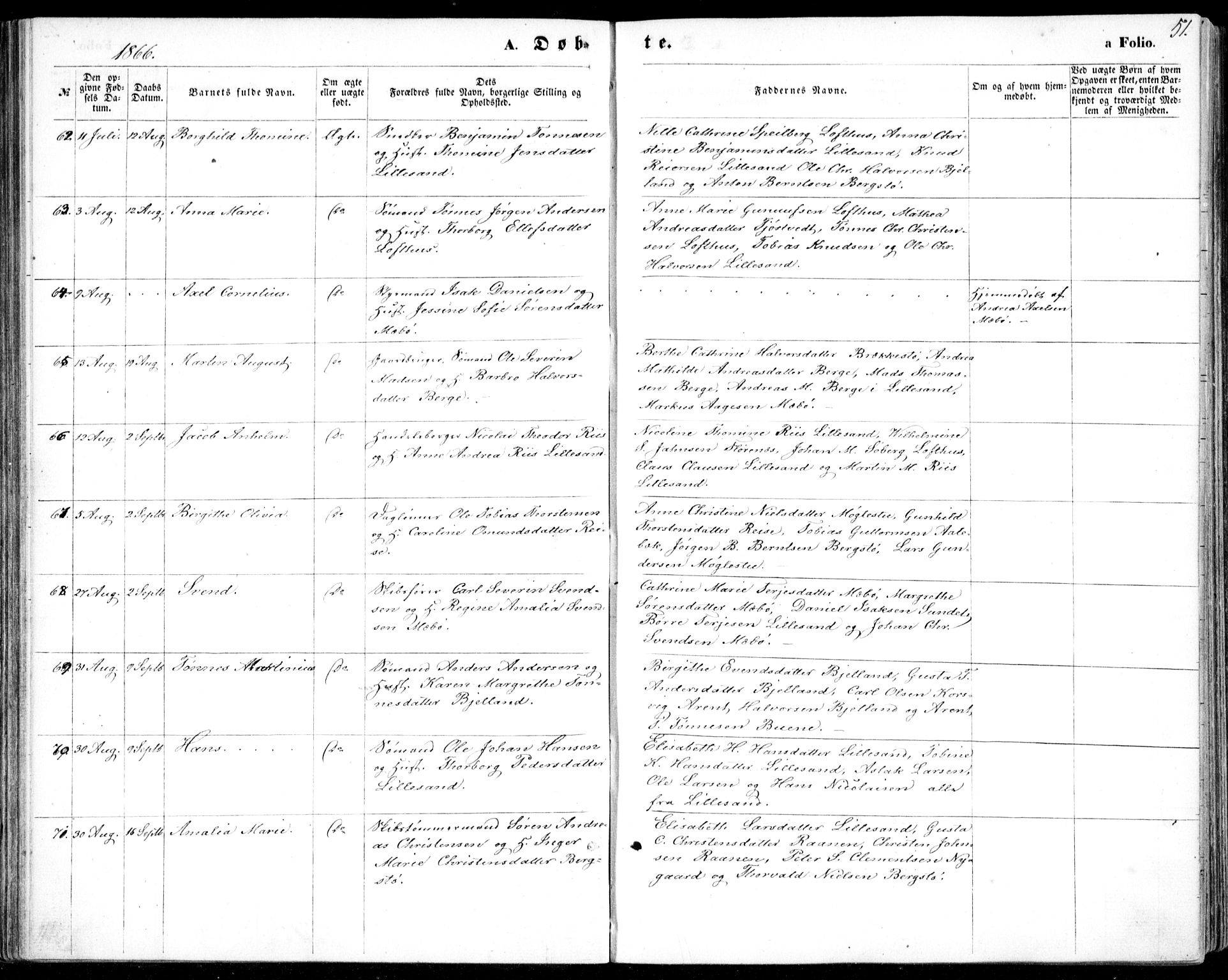 Vestre Moland sokneprestkontor, AV/SAK-1111-0046/F/Fb/Fbb/L0004: Parish register (copy) no. B 4, 1861-1872, p. 51