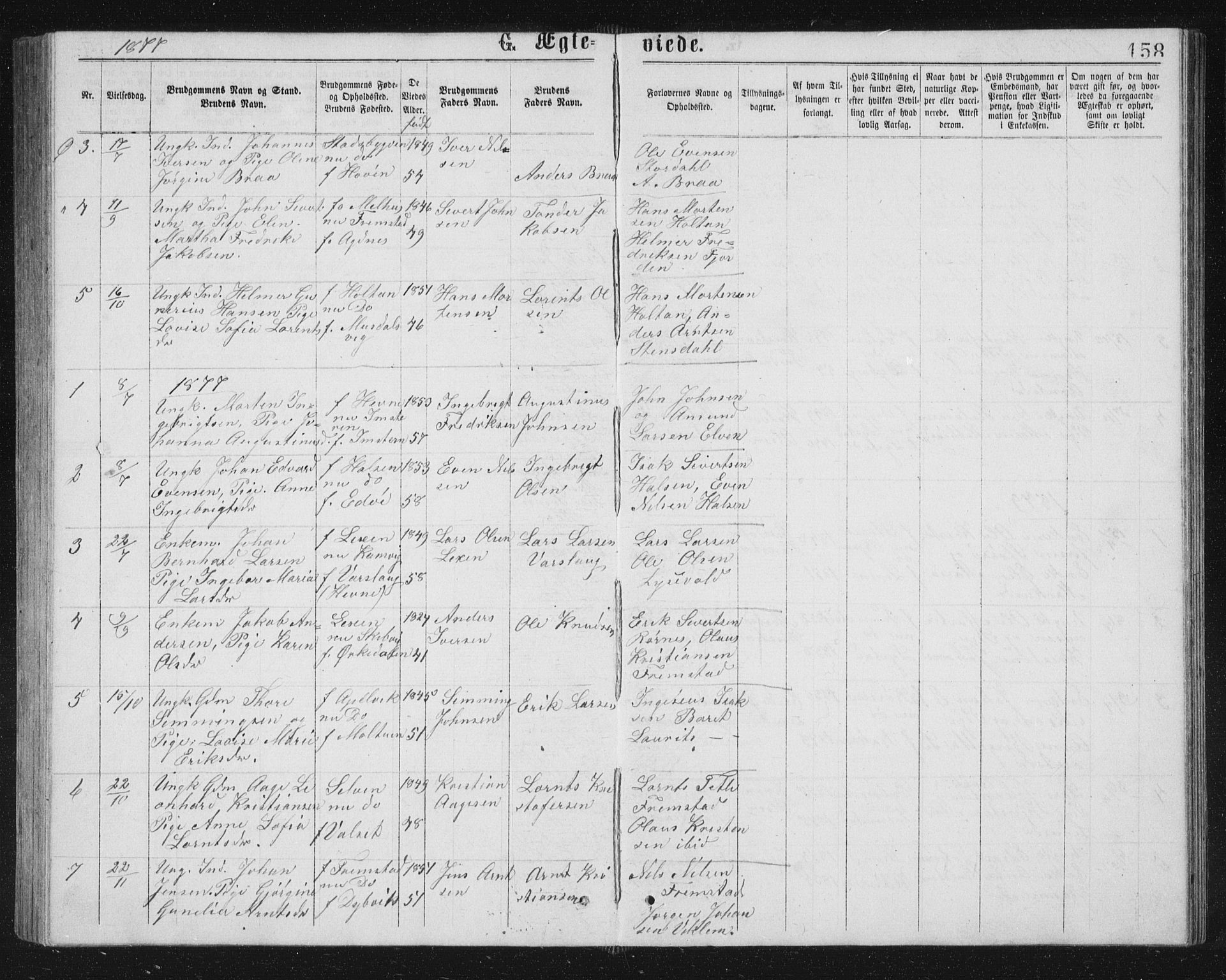 Ministerialprotokoller, klokkerbøker og fødselsregistre - Sør-Trøndelag, SAT/A-1456/662/L0756: Parish register (copy) no. 662C01, 1869-1891, p. 158