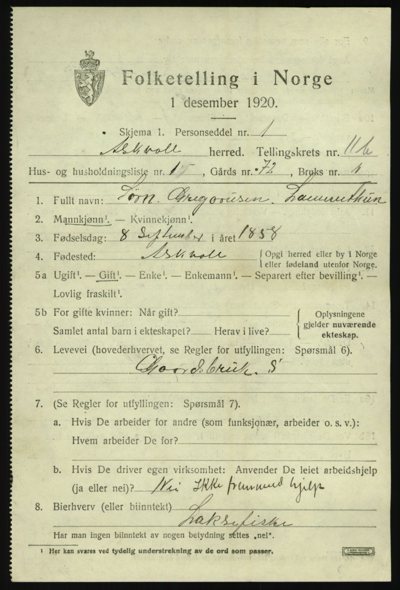 SAB, 1920 census for Askvoll, 1920, p. 4570