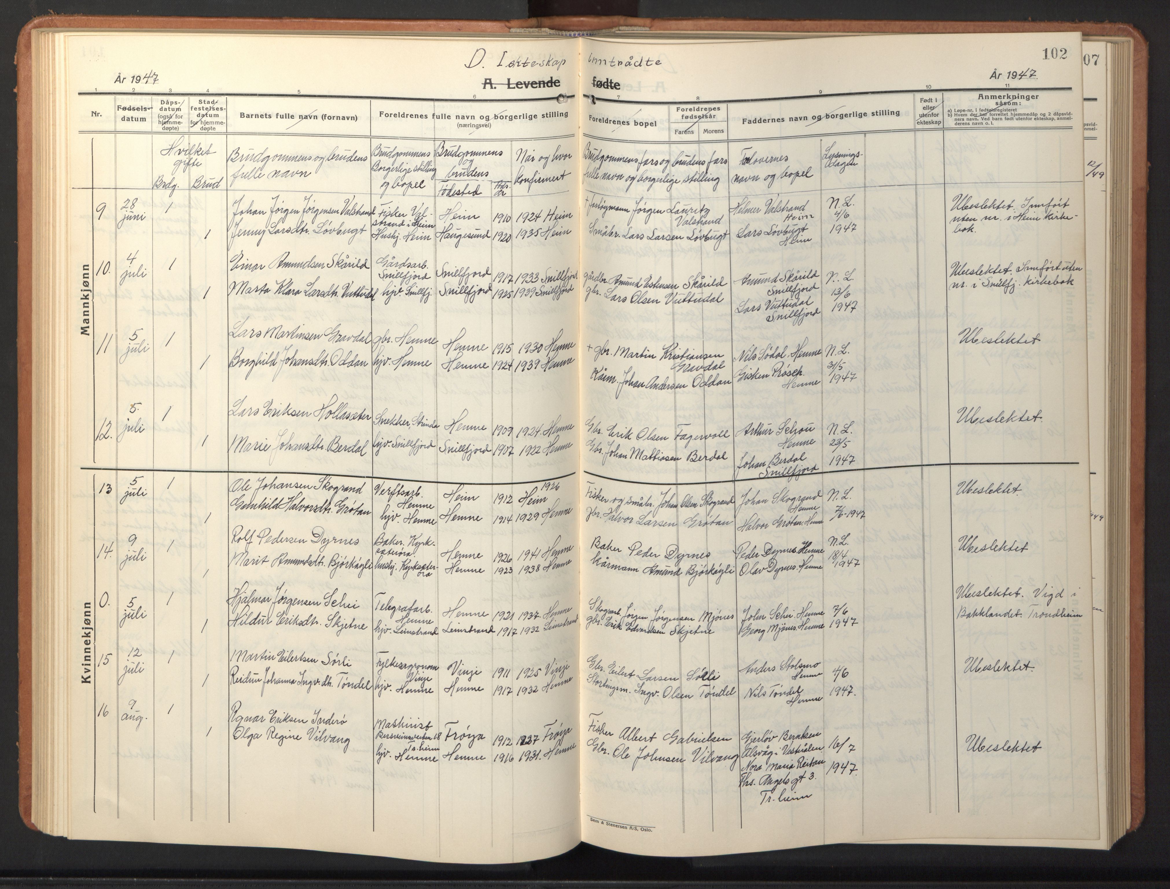 Ministerialprotokoller, klokkerbøker og fødselsregistre - Sør-Trøndelag, SAT/A-1456/630/L0508: Parish register (copy) no. 630C06, 1933-1950, p. 102