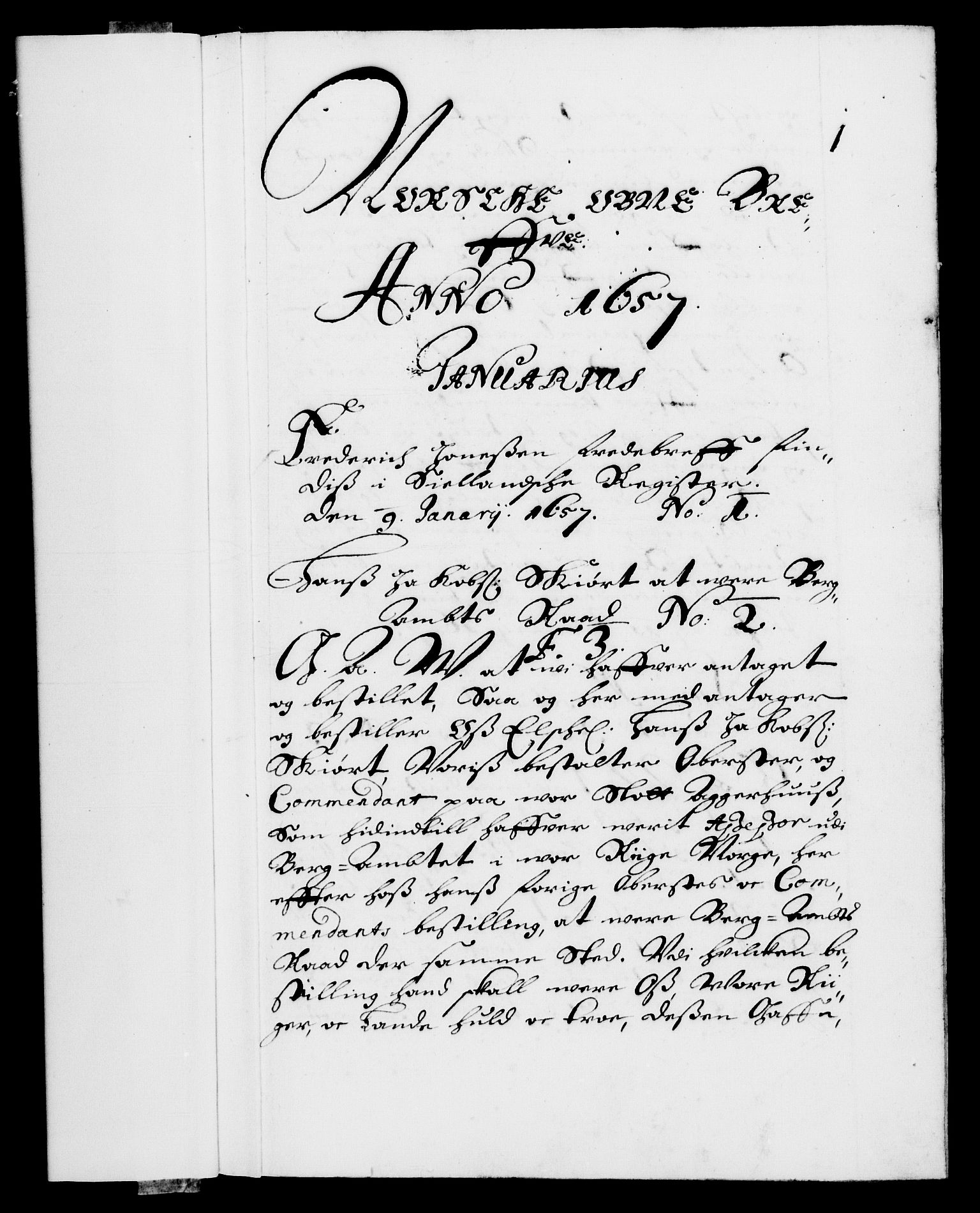 Danske Kanselli 1572-1799, RA/EA-3023/F/Fc/Fca/Fcaa/L0009: Norske registre (mikrofilm), 1657-1660, p. 1a