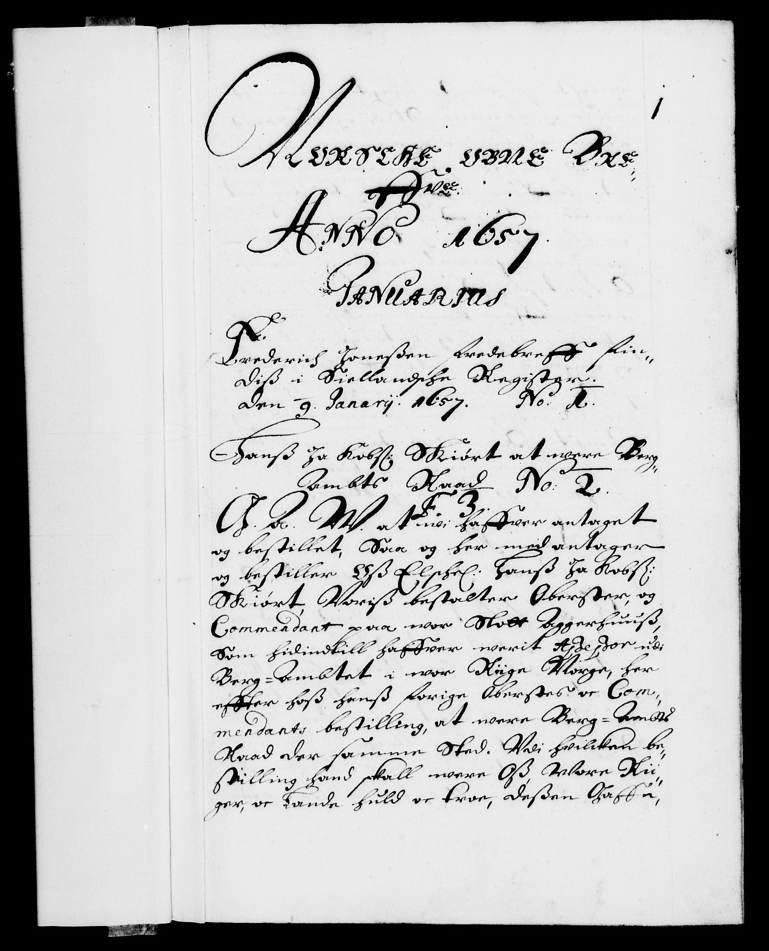 Danske Kanselli 1572-1799, AV/RA-EA-3023/F/Fc/Fca/Fcaa/L0009: Norske registre (mikrofilm), 1657-1660, p. 1a