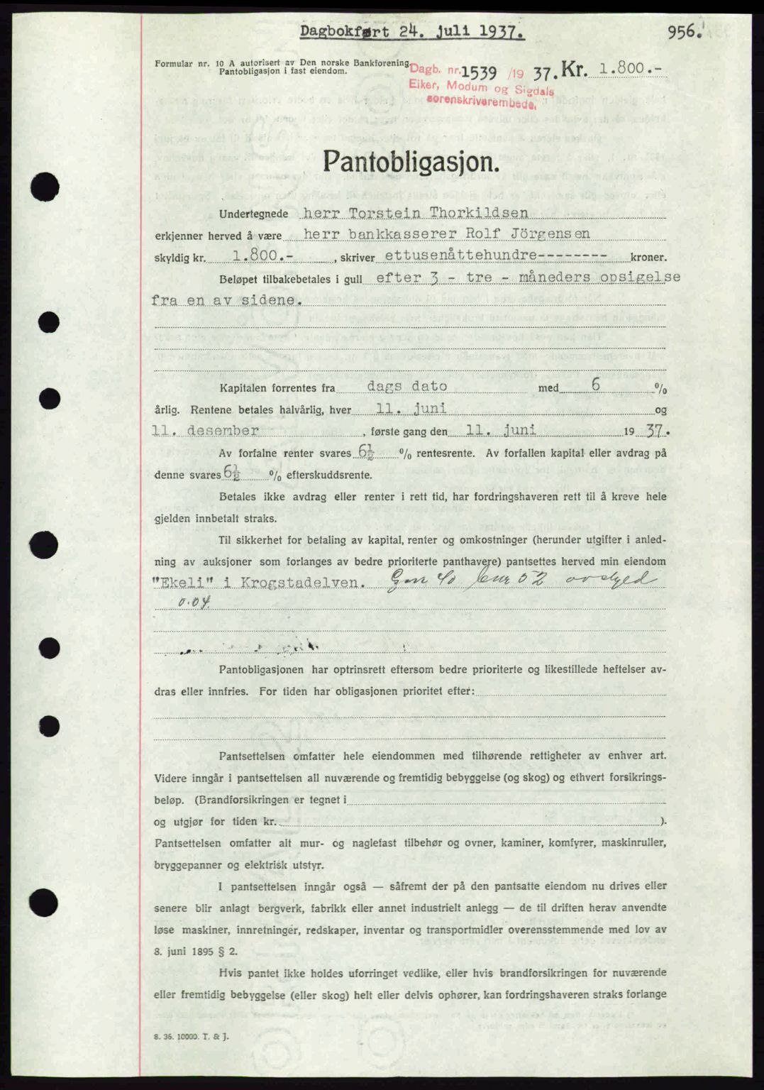 Eiker, Modum og Sigdal sorenskriveri, SAKO/A-123/G/Ga/Gab/L0035: Mortgage book no. A5, 1937-1937, Diary no: : 1539/1937