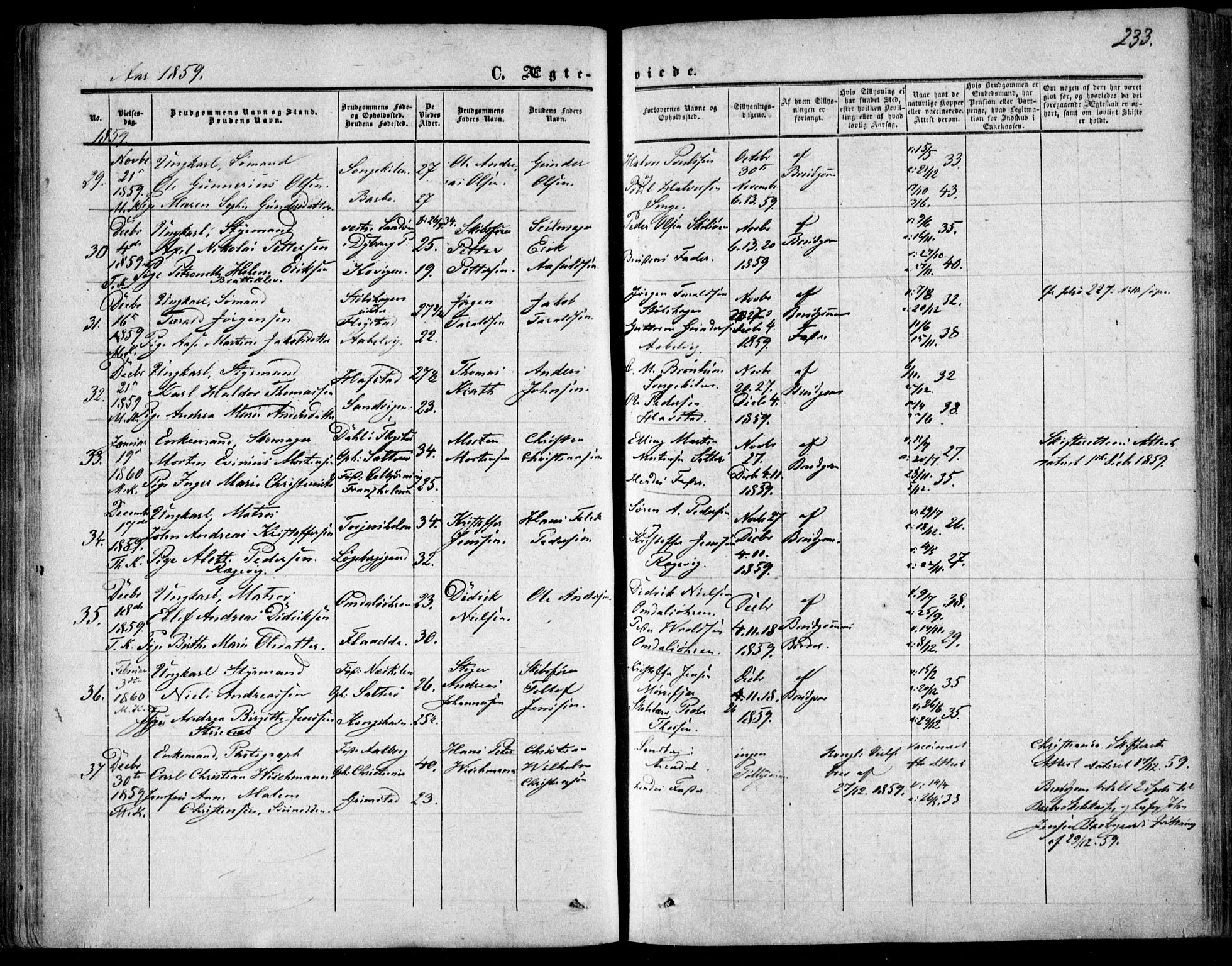 Tromøy sokneprestkontor, AV/SAK-1111-0041/F/Fa/L0006: Parish register (official) no. A 6, 1855-1863, p. 233