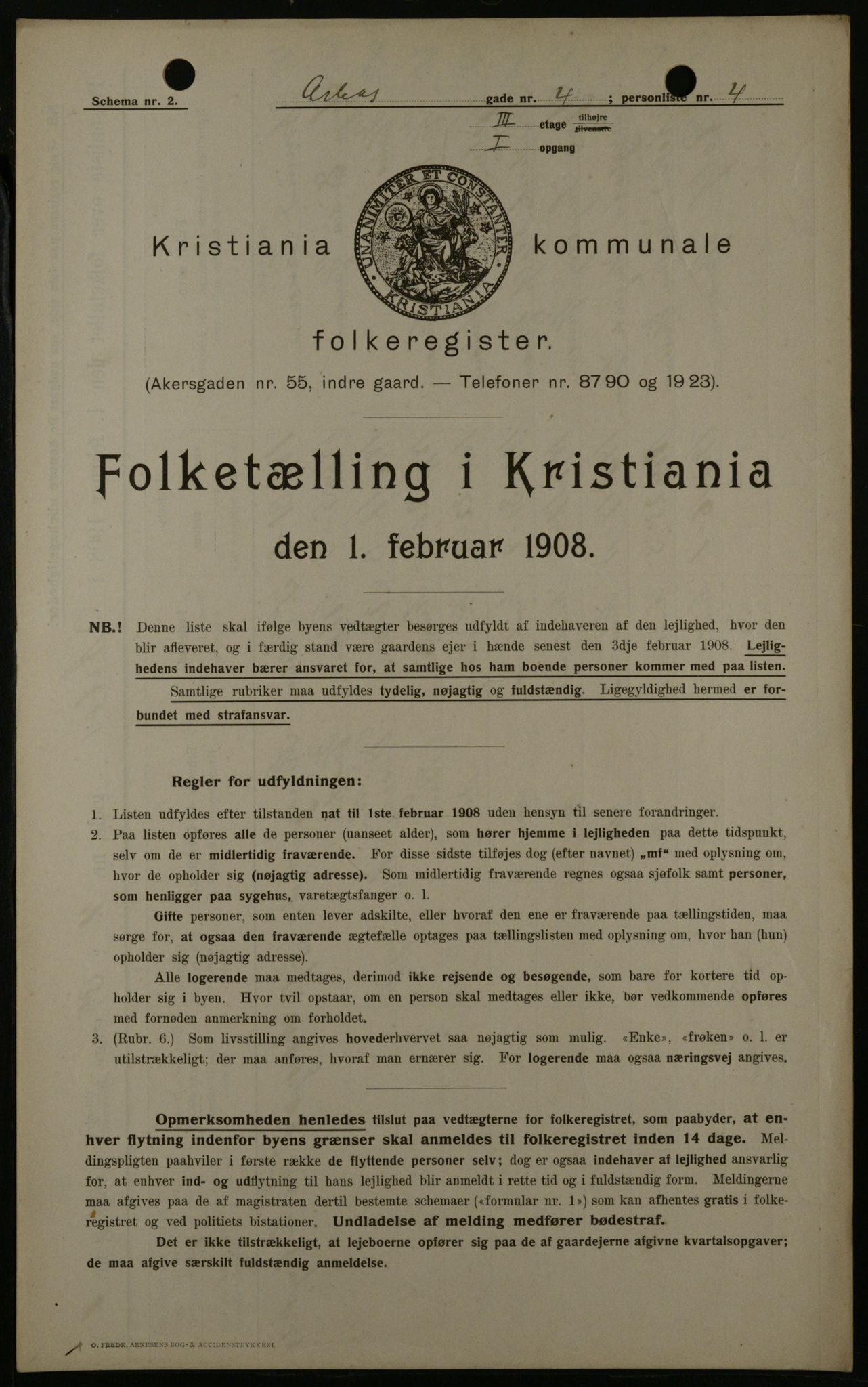 OBA, Municipal Census 1908 for Kristiania, 1908, p. 2047