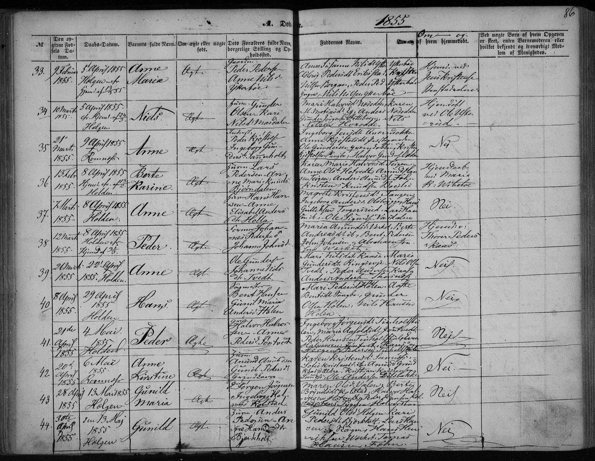 Holla kirkebøker, AV/SAKO-A-272/F/Fa/L0005: Parish register (official) no. 5, 1849-1860, p. 86