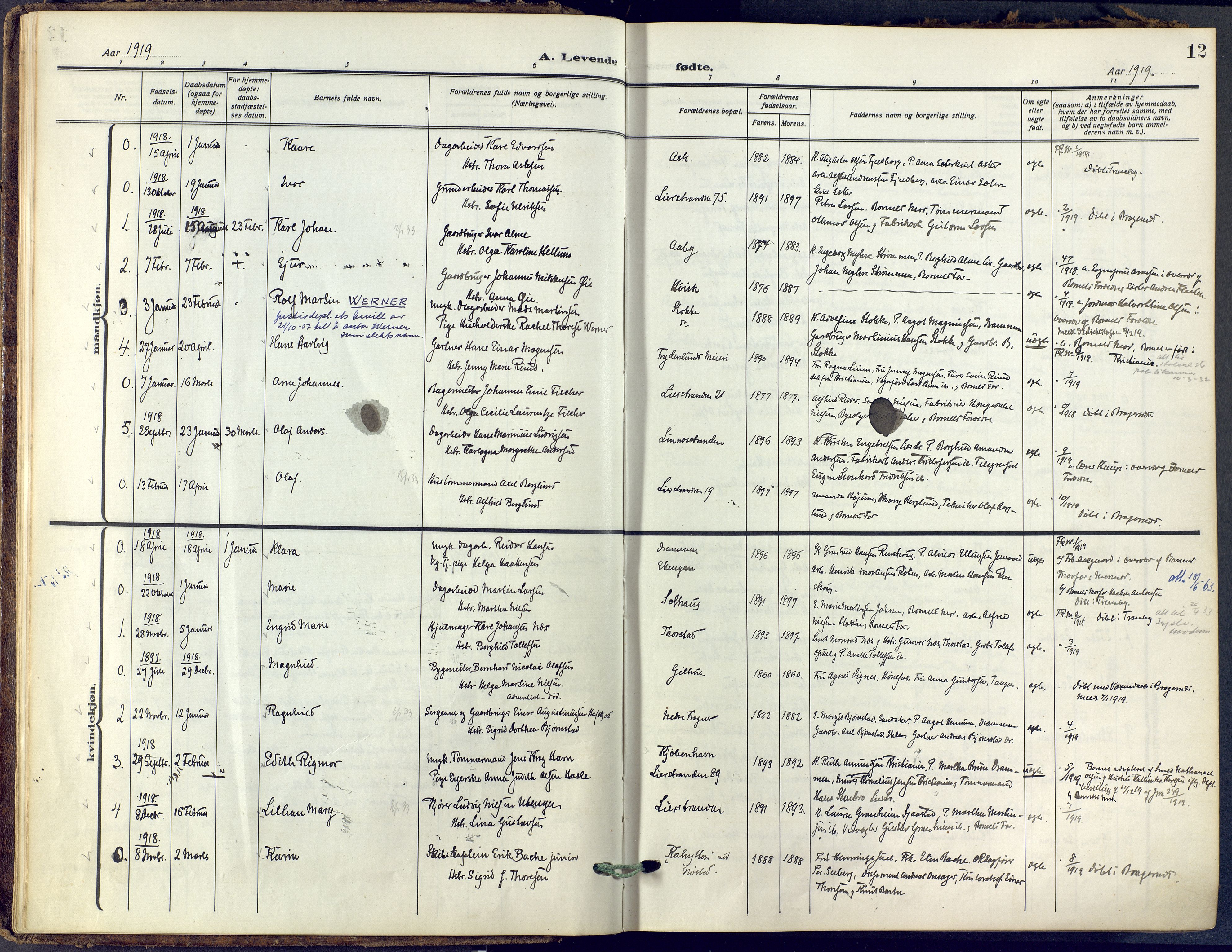 Lier kirkebøker, SAKO/A-230/F/Fa/L0019: Parish register (official) no. I 19, 1918-1928, p. 12