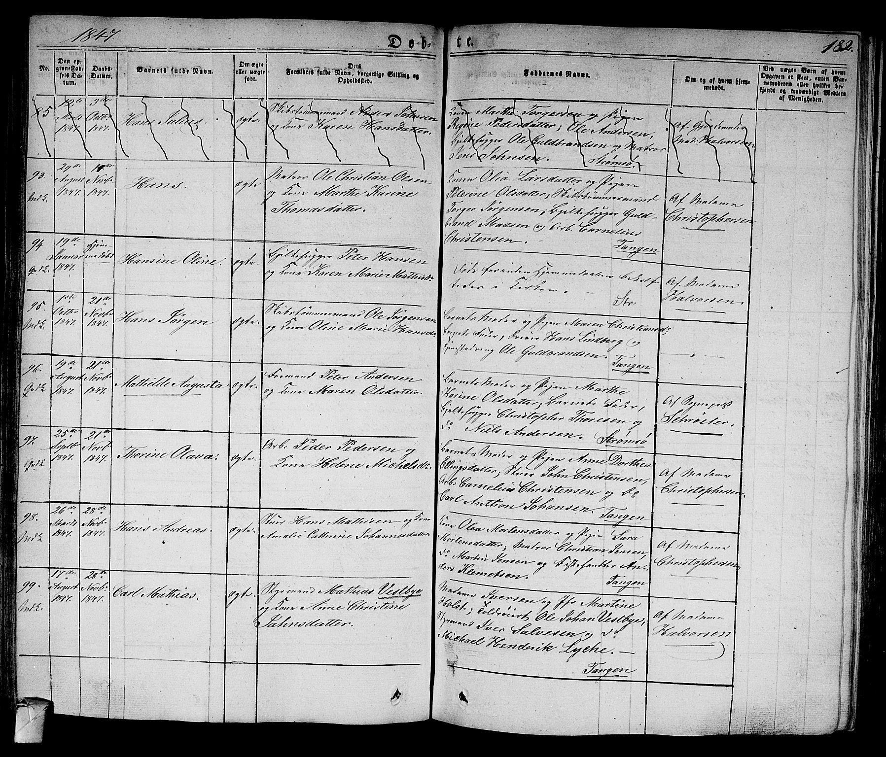 Strømsø kirkebøker, AV/SAKO-A-246/F/Fa/L0012: Parish register (official) no. I 12, 1830-1847, p. 182