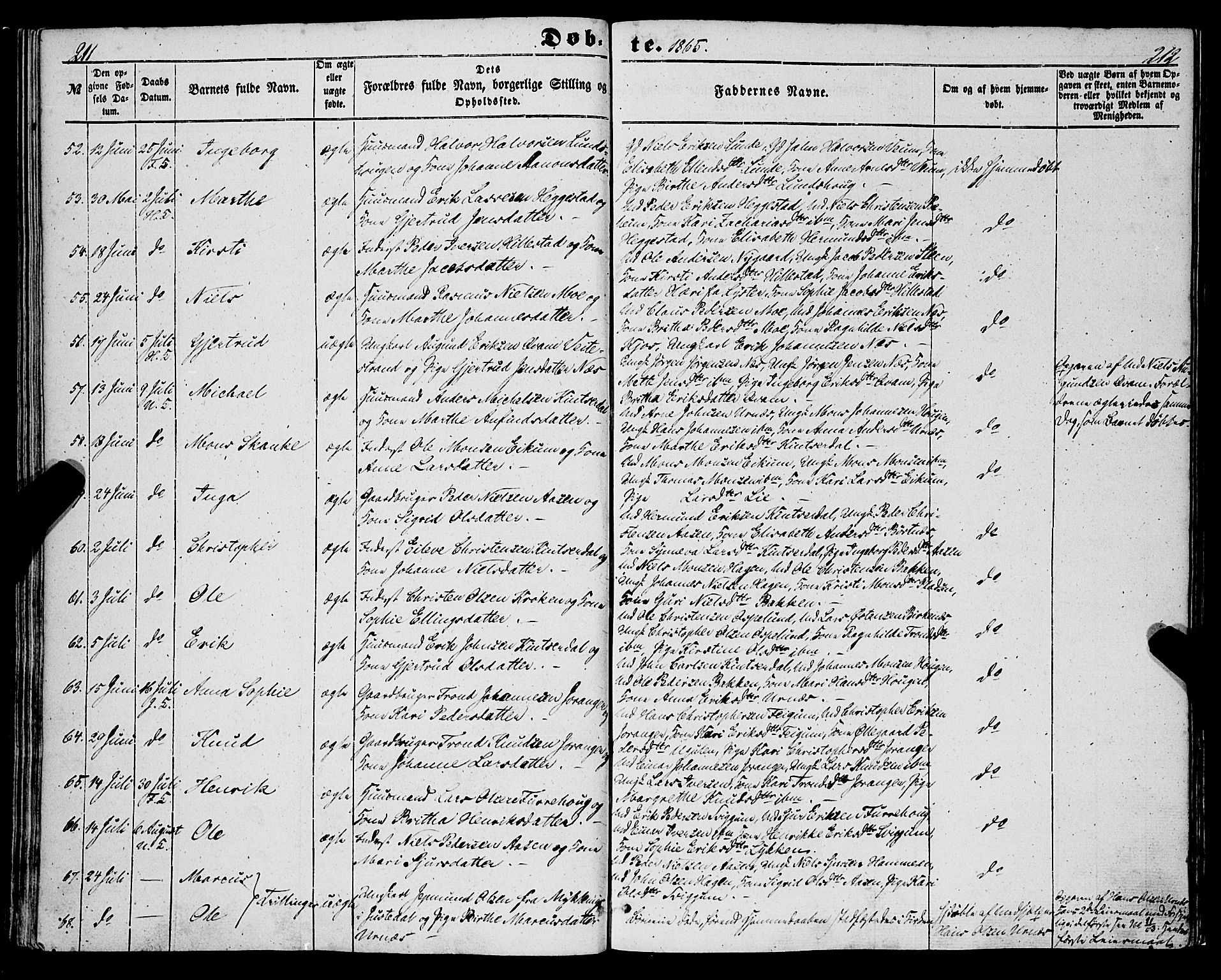 Hafslo sokneprestembete, AV/SAB-A-80301/H/Haa/Haaa/L0009: Parish register (official) no. A 9, 1852-1873, p. 211-212