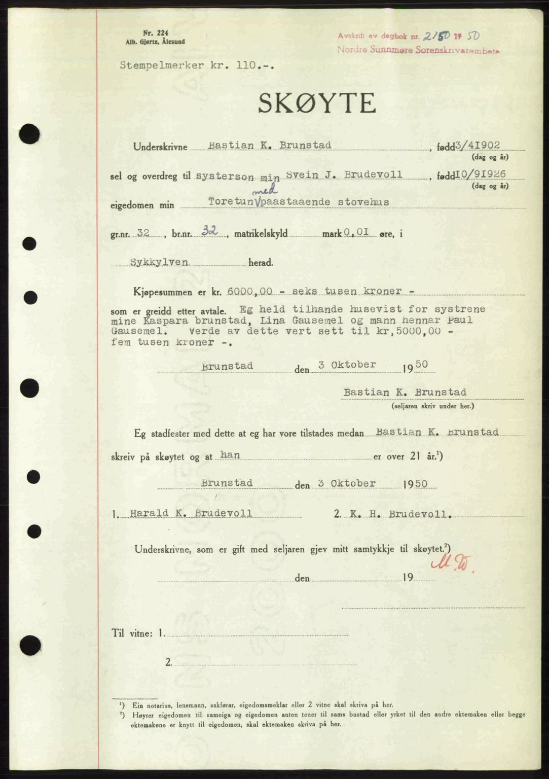 Nordre Sunnmøre sorenskriveri, AV/SAT-A-0006/1/2/2C/2Ca: Mortgage book no. A36, 1950-1950, Diary no: : 2150/1950