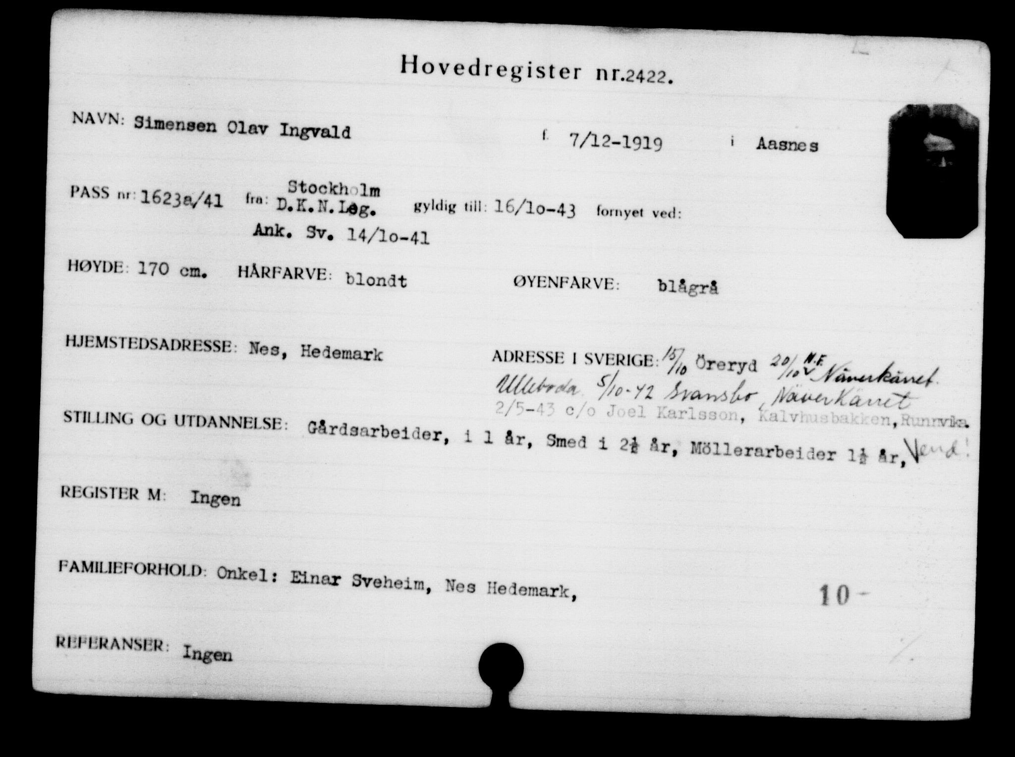 Utenriksstasjonene, Legasjonen i Stockholm, Flyktningkontoret, AV/RA-S-6753/V/Va/L0003: Kjesäterkartoteket, flyktninger med registreringsnr. 2001-3495, 1940-1945, p. 599