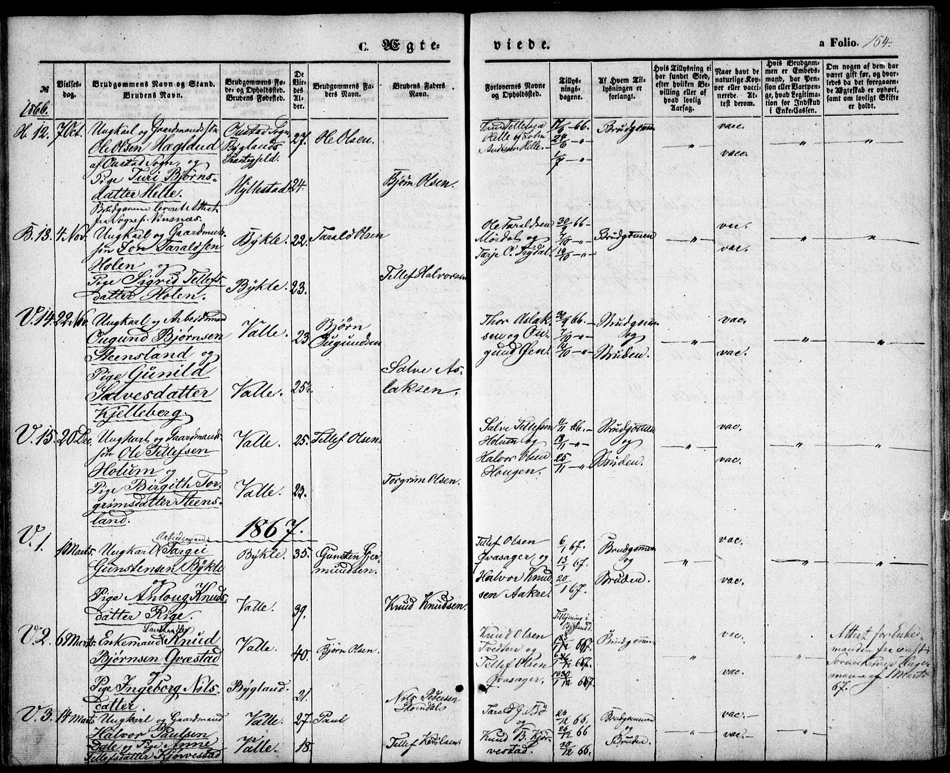 Valle sokneprestkontor, AV/SAK-1111-0044/F/Fa/Fac/L0007: Parish register (official) no. A 7, 1854-1868, p. 154