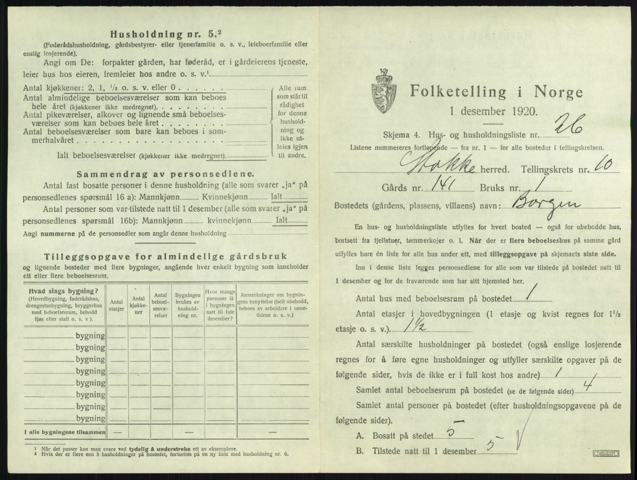 SAKO, 1920 census for Stokke, 1920, p. 1870