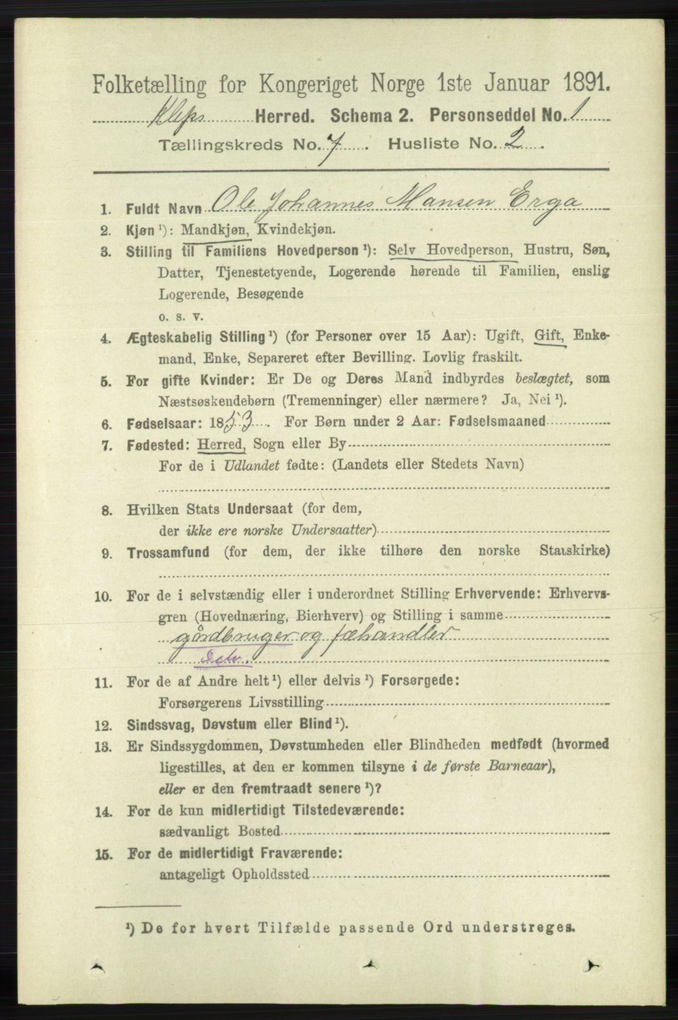 RA, 1891 census for 1120 Klepp, 1891, p. 2119