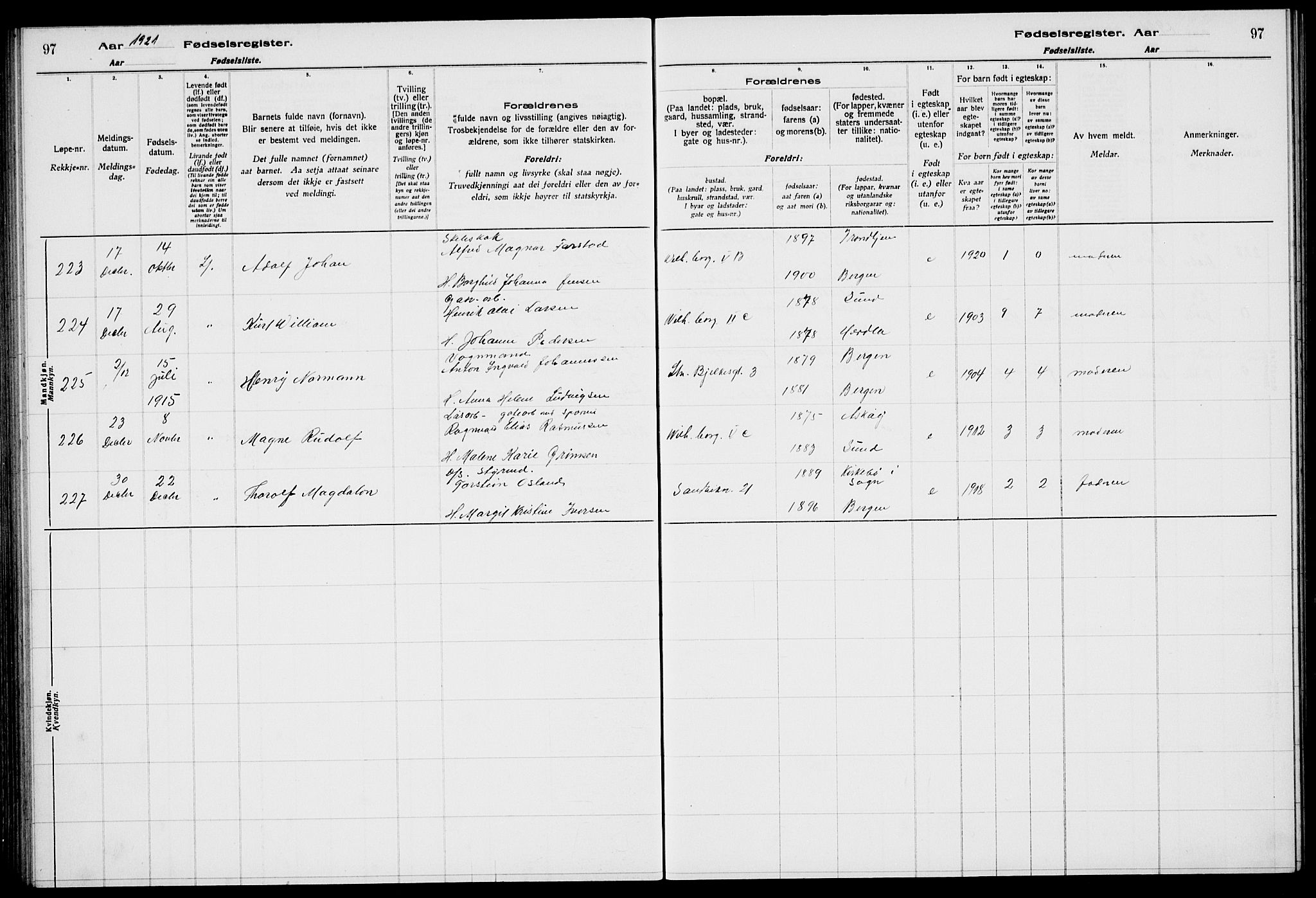 Sandviken Sokneprestembete, AV/SAB-A-77601/I/Ib/L00A2: Birth register no. A 2, 1920-1923, p. 97