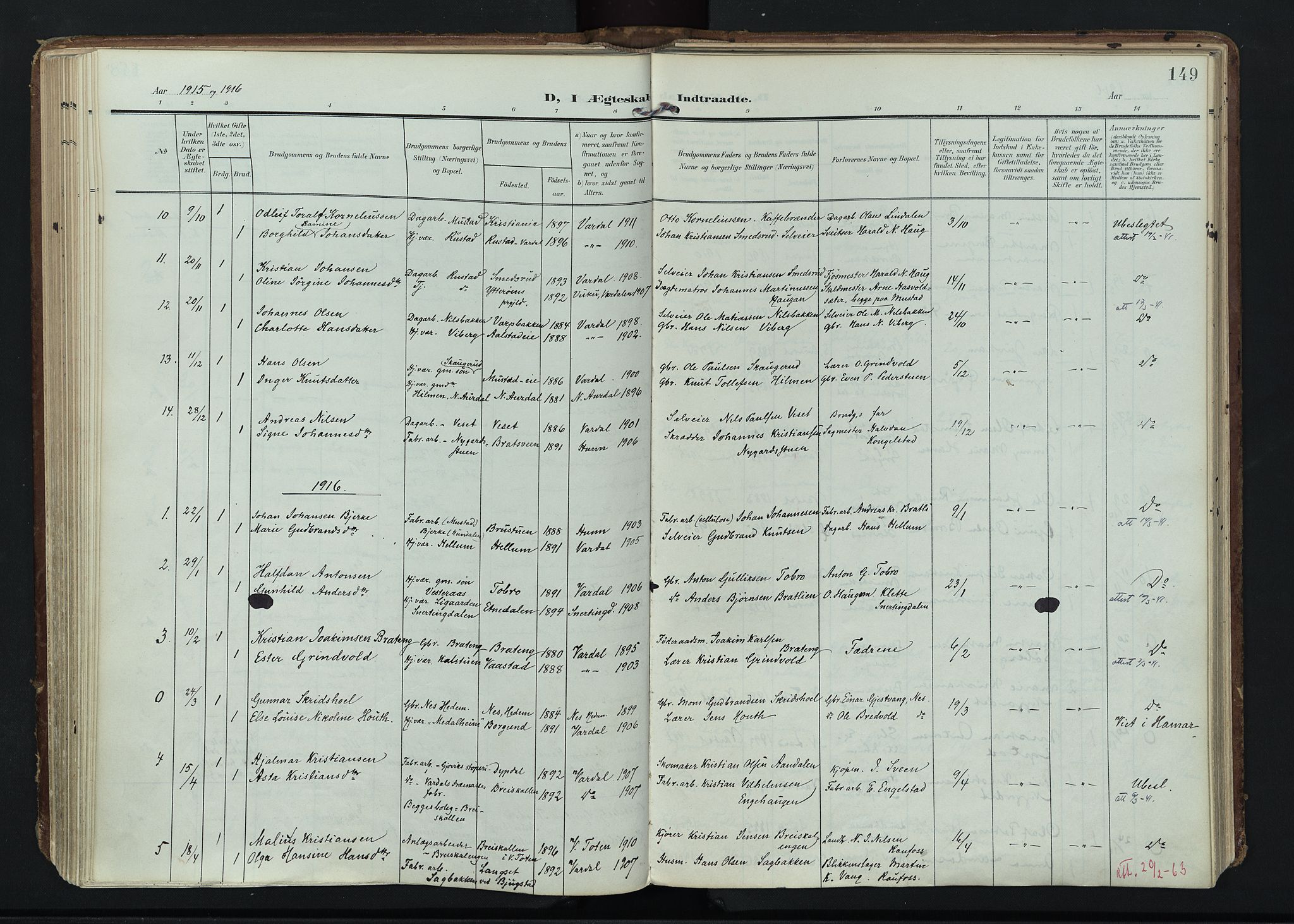 Vardal prestekontor, SAH/PREST-100/H/Ha/Haa/L0020: Parish register (official) no. 20, 1907-1921, p. 149