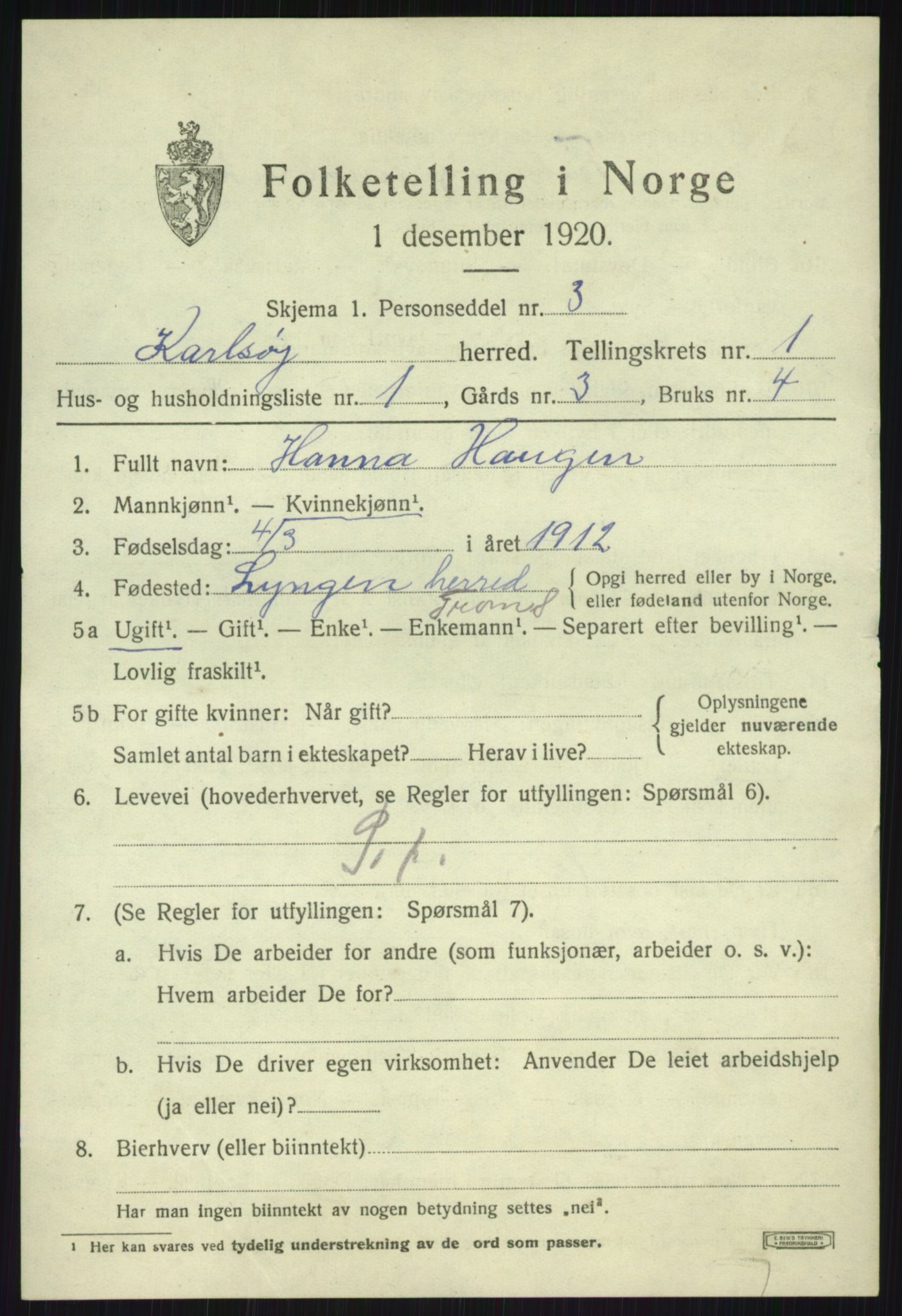 SATØ, 1920 census for Karlsøy, 1920, p. 752