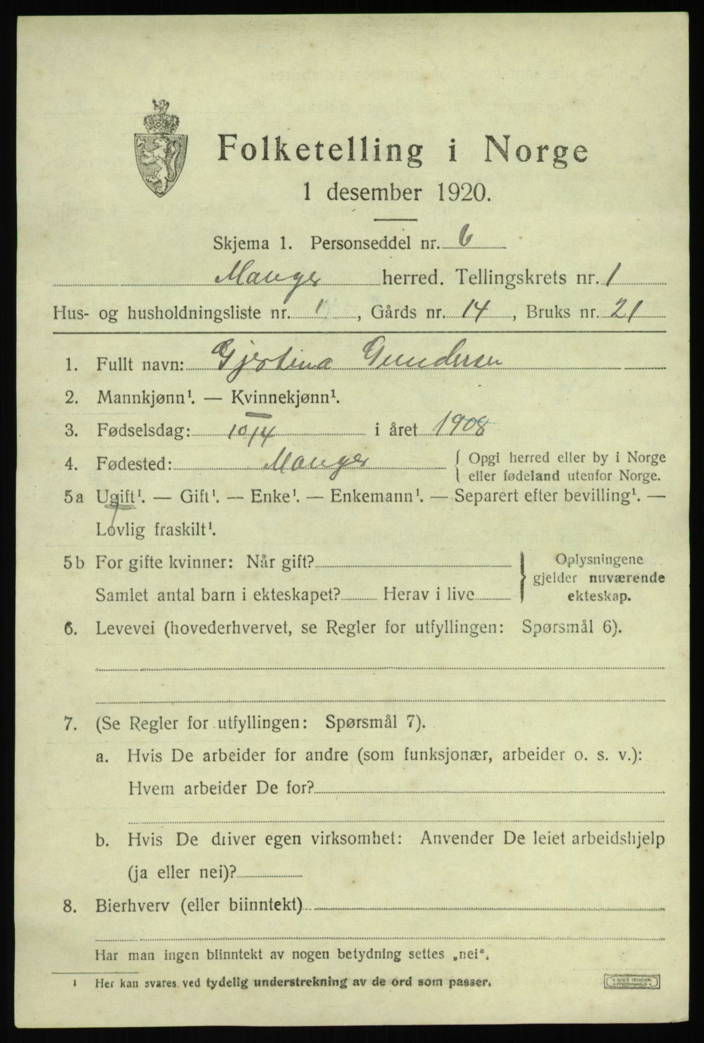 SAB, 1920 census for Manger, 1920, p. 1473