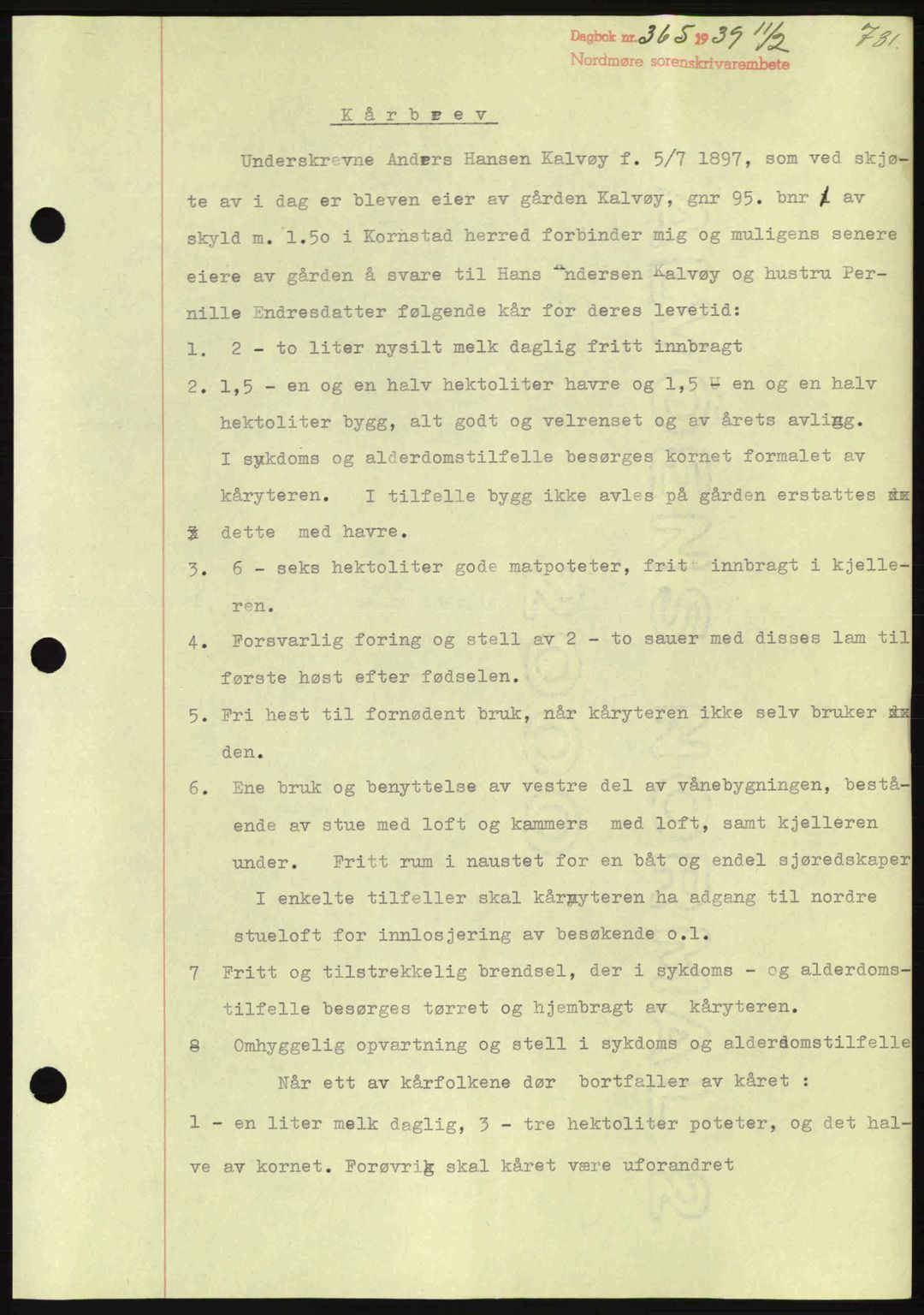 Nordmøre sorenskriveri, SAT/A-4132/1/2/2Ca: Mortgage book no. B84, 1938-1939, Diary no: : 365/1939