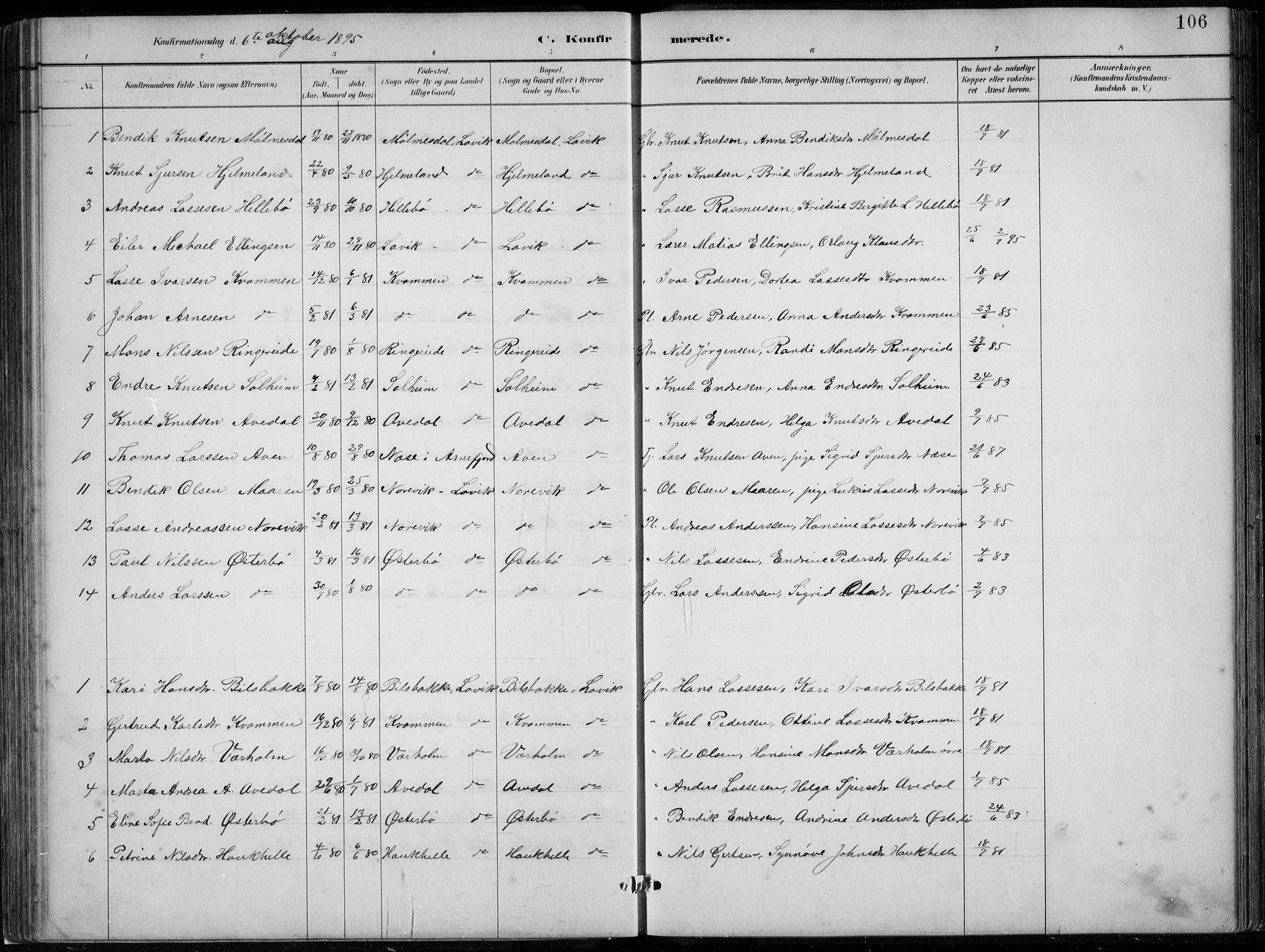 Lavik sokneprestembete, SAB/A-80901: Parish register (copy) no. A 2, 1882-1910, p. 106