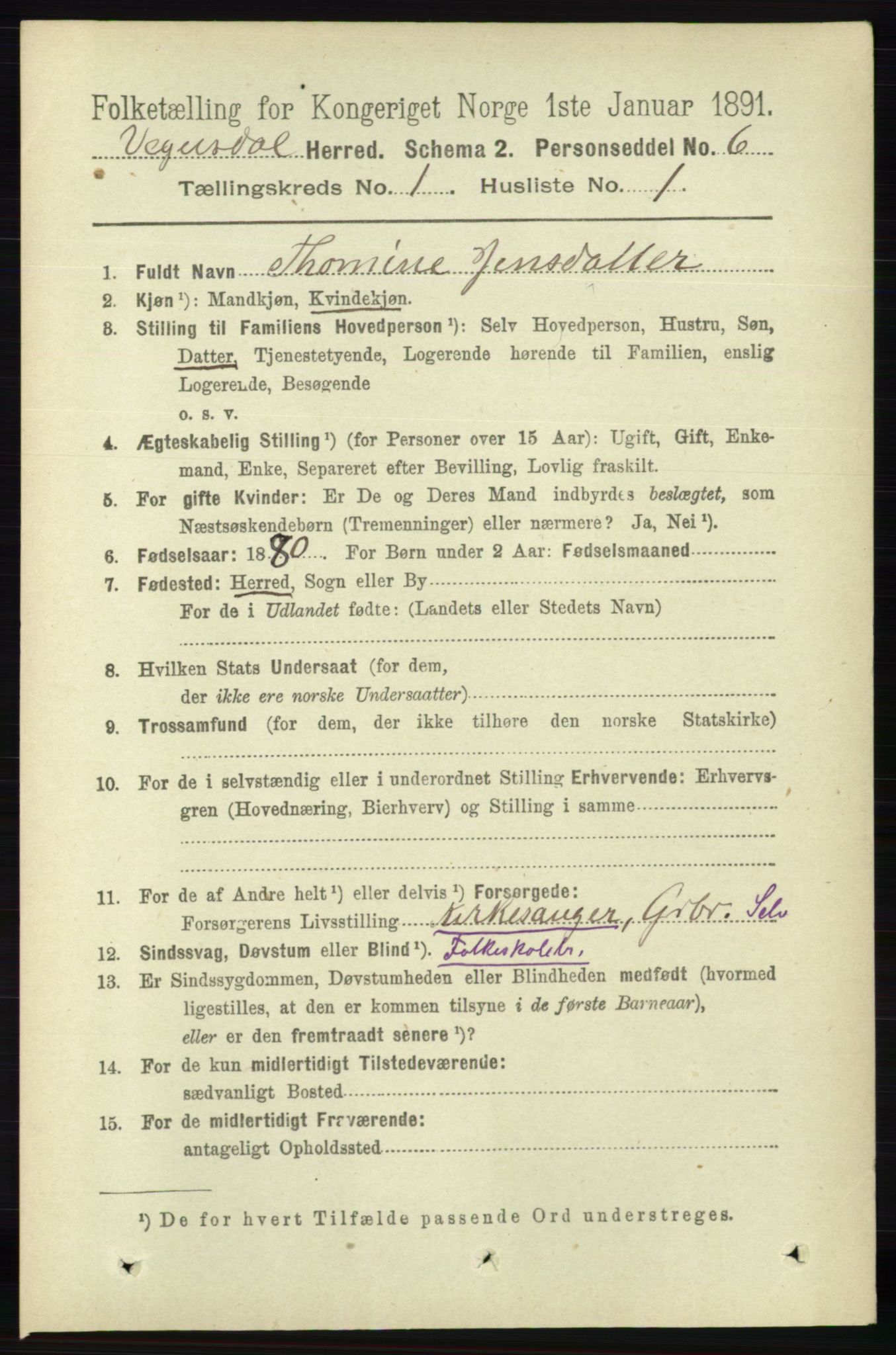 RA, 1891 census for 0934 Vegusdal, 1891, p. 59