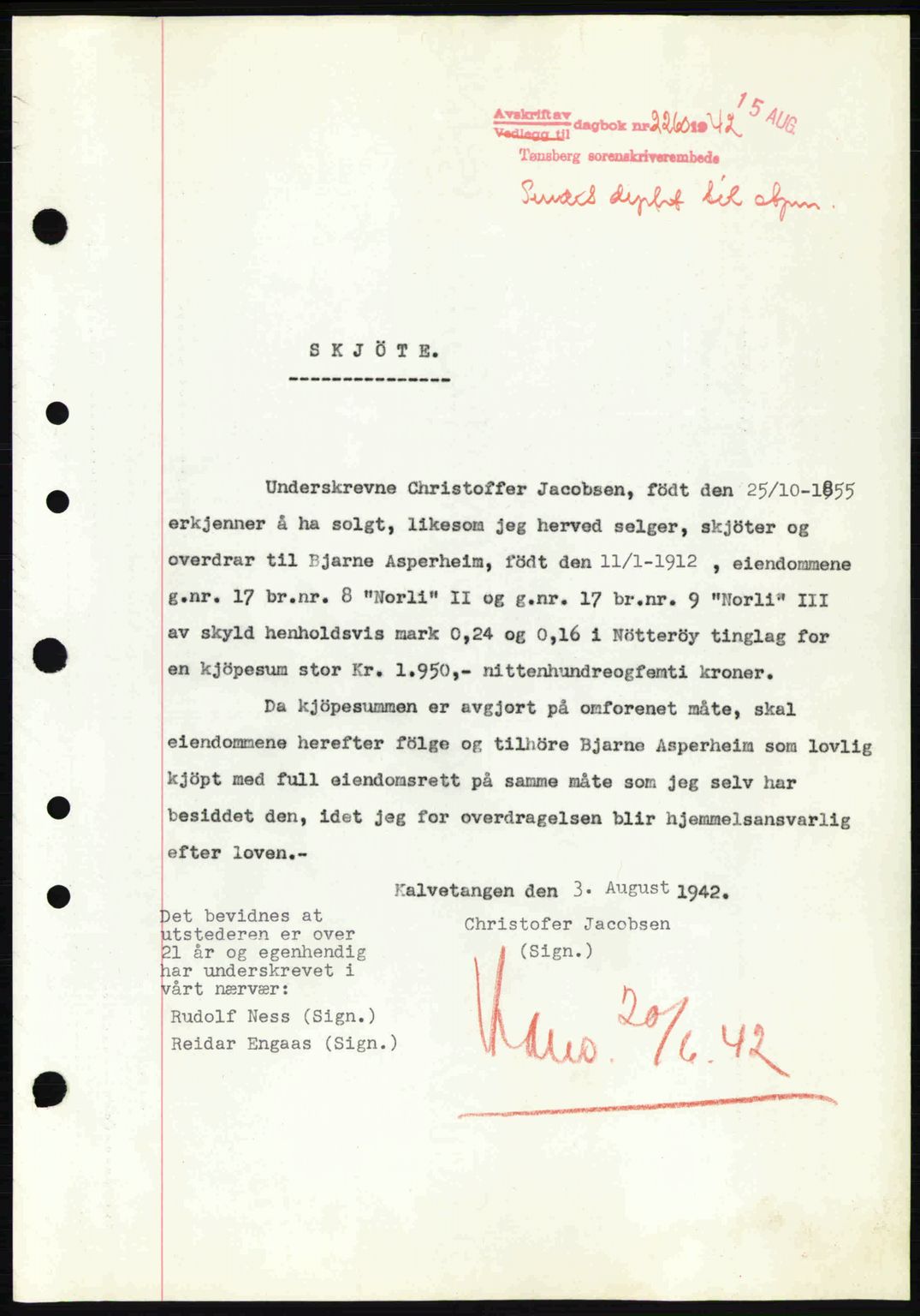 Tønsberg sorenskriveri, AV/SAKO-A-130/G/Ga/Gaa/L0012: Mortgage book no. A12, 1942-1943, Diary no: : 2260/1942