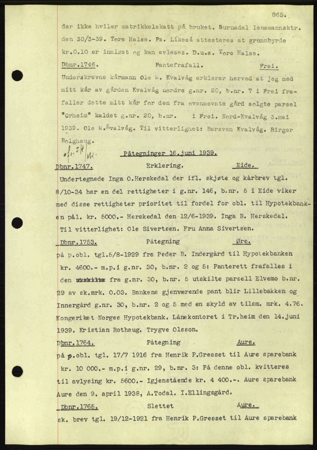 Nordmøre sorenskriveri, AV/SAT-A-4132/1/2/2Ca: Mortgage book no. C80, 1936-1939, Diary no: : 1746/1939