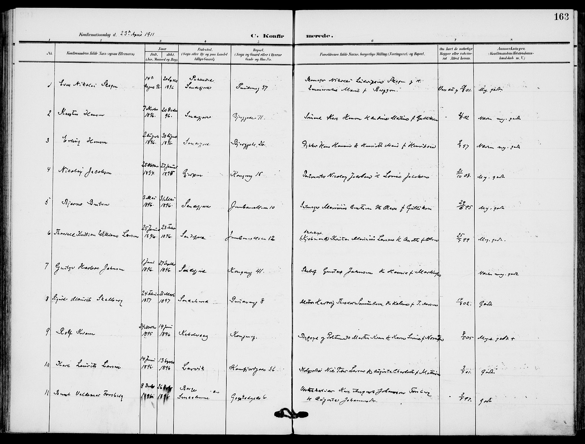 Sandefjord kirkebøker, SAKO/A-315/F/Fa/L0005: Parish register (official) no. 5, 1906-1915, p. 163
