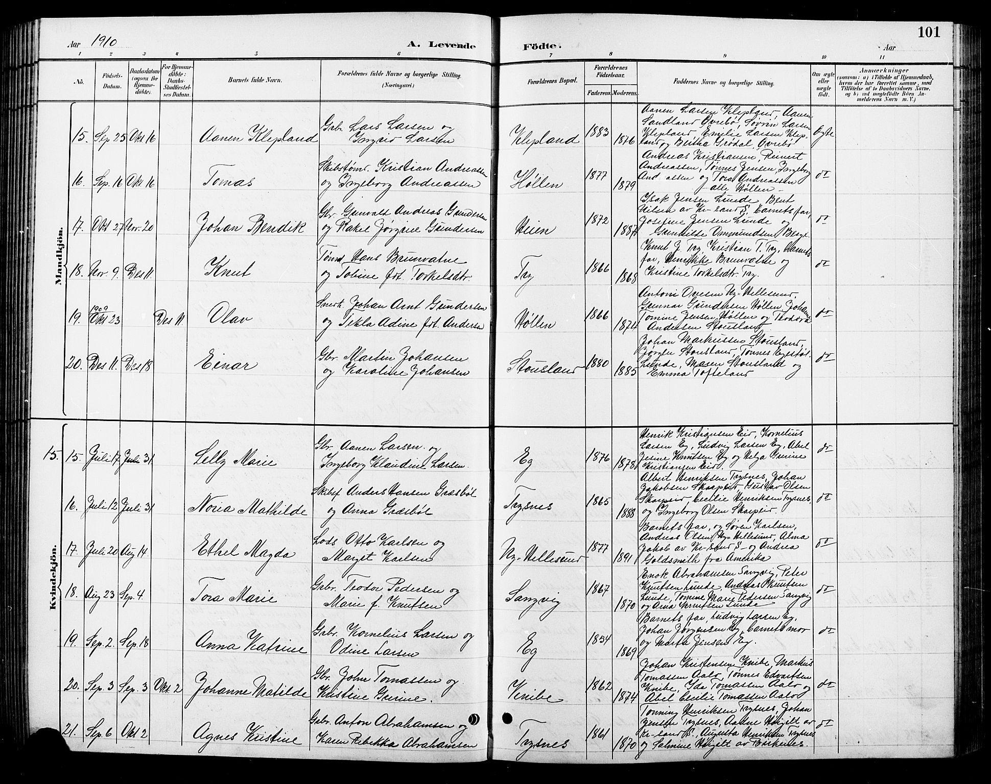 Søgne sokneprestkontor, AV/SAK-1111-0037/F/Fb/Fbb/L0006: Parish register (copy) no. B 6, 1892-1911, p. 101