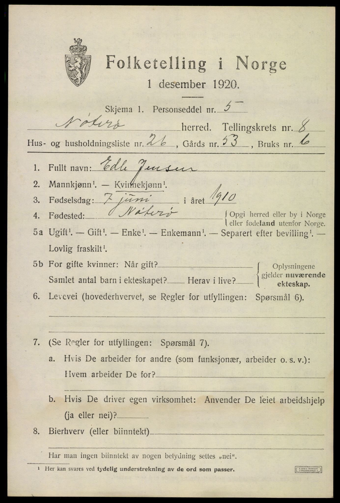 SAKO, 1920 census for Nøtterøy, 1920, p. 10677
