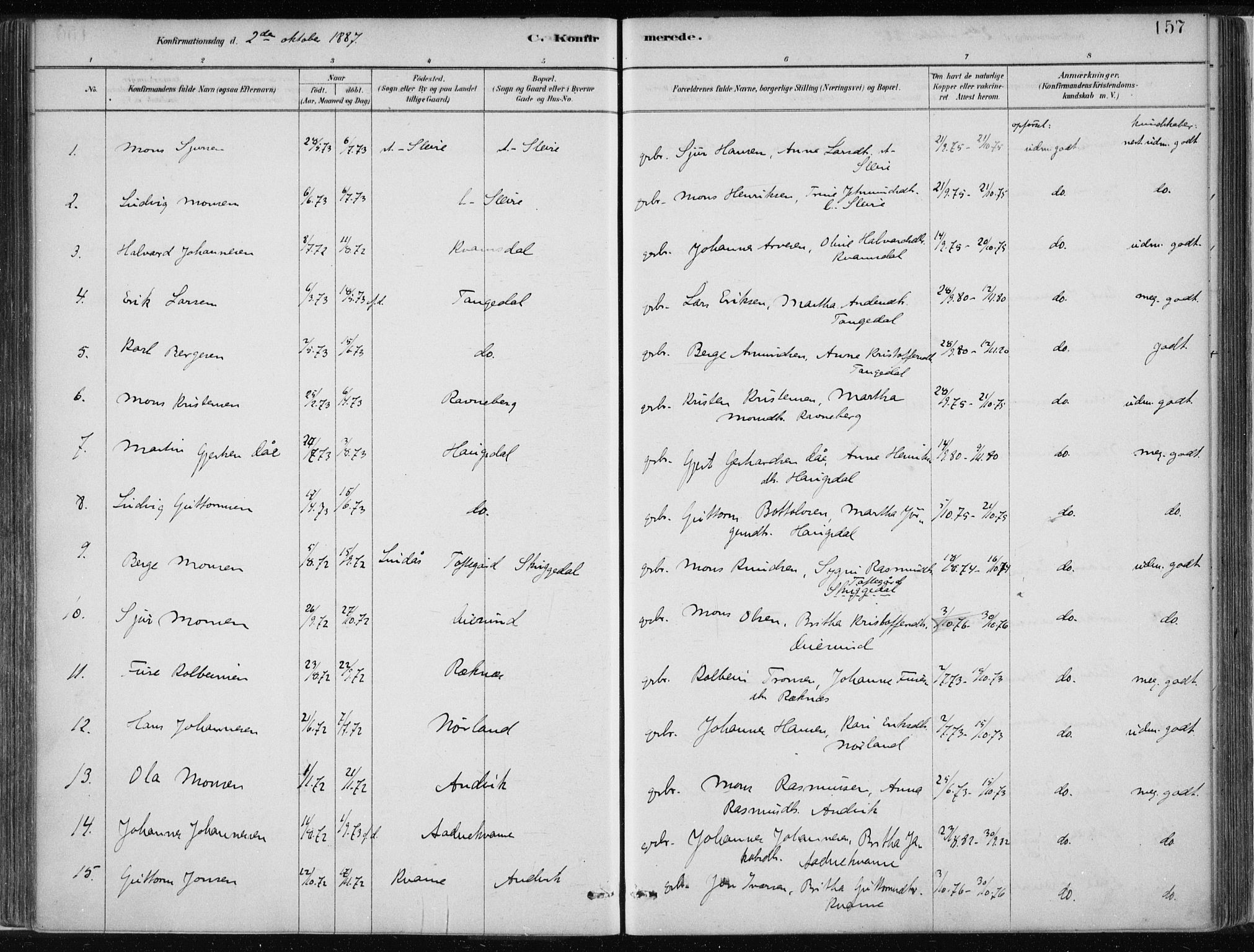 Masfjorden Sokneprestembete, AV/SAB-A-77001: Parish register (official) no. B  1, 1876-1899, p. 157