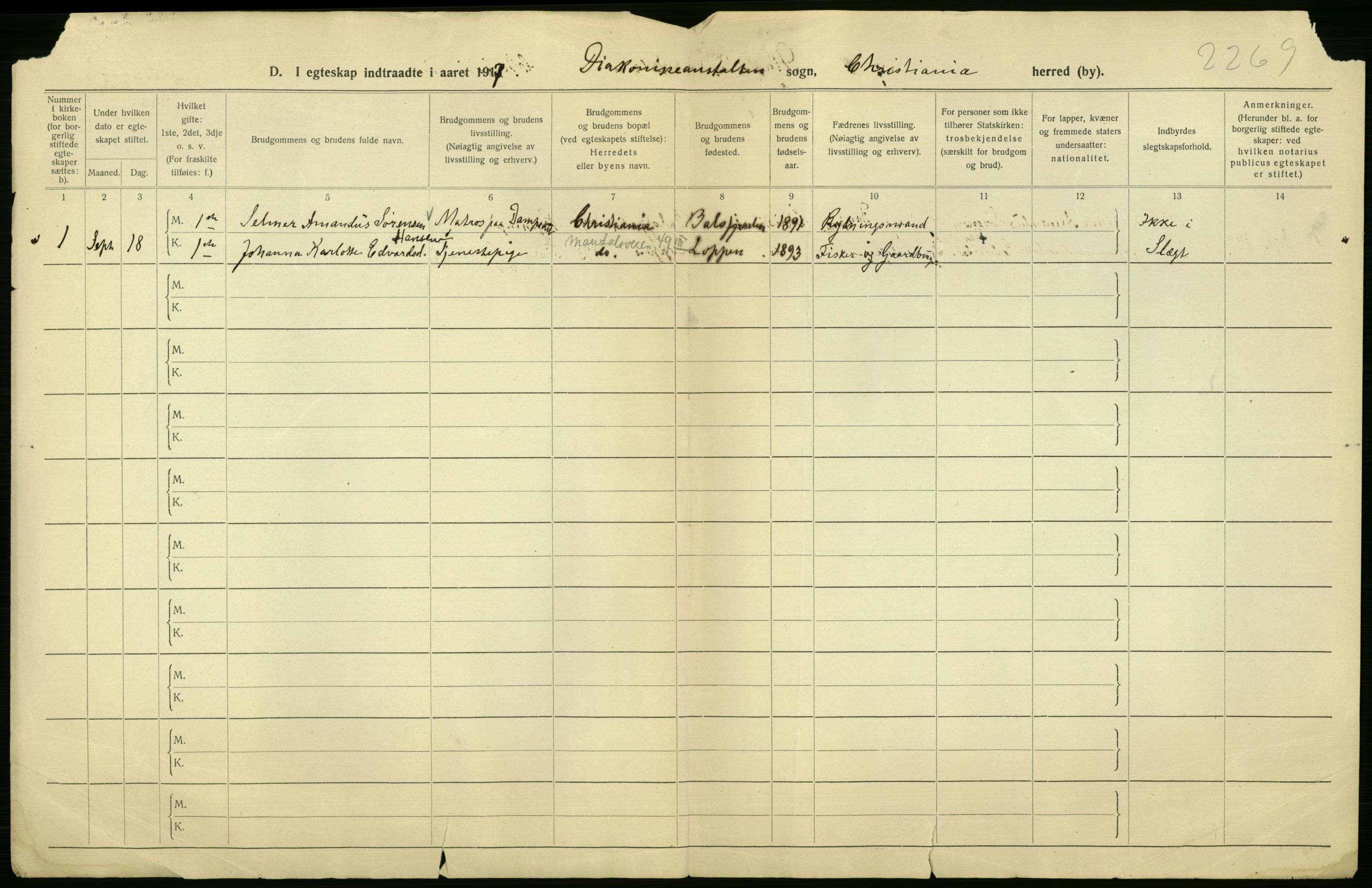 Statistisk sentralbyrå, Sosiodemografiske emner, Befolkning, AV/RA-S-2228/D/Df/Dfb/Dfbg/L0009: Kristiania: Gifte, 1917, p. 258