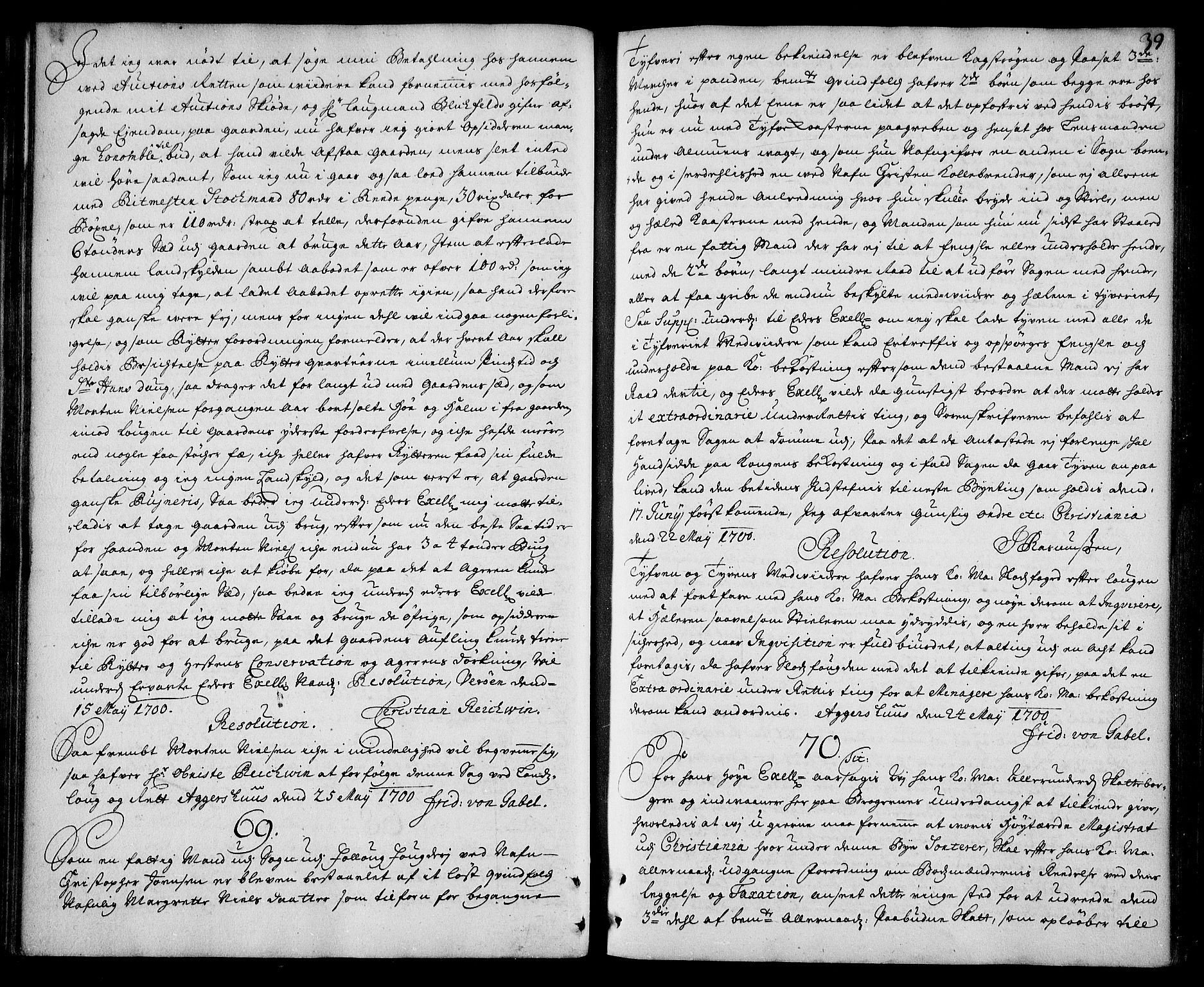 Stattholderembetet 1572-1771, AV/RA-EA-2870/Ad/L0006: Supplikasjons- og resolusjonsprotokoll, 1699-1706, p. 38b-39a