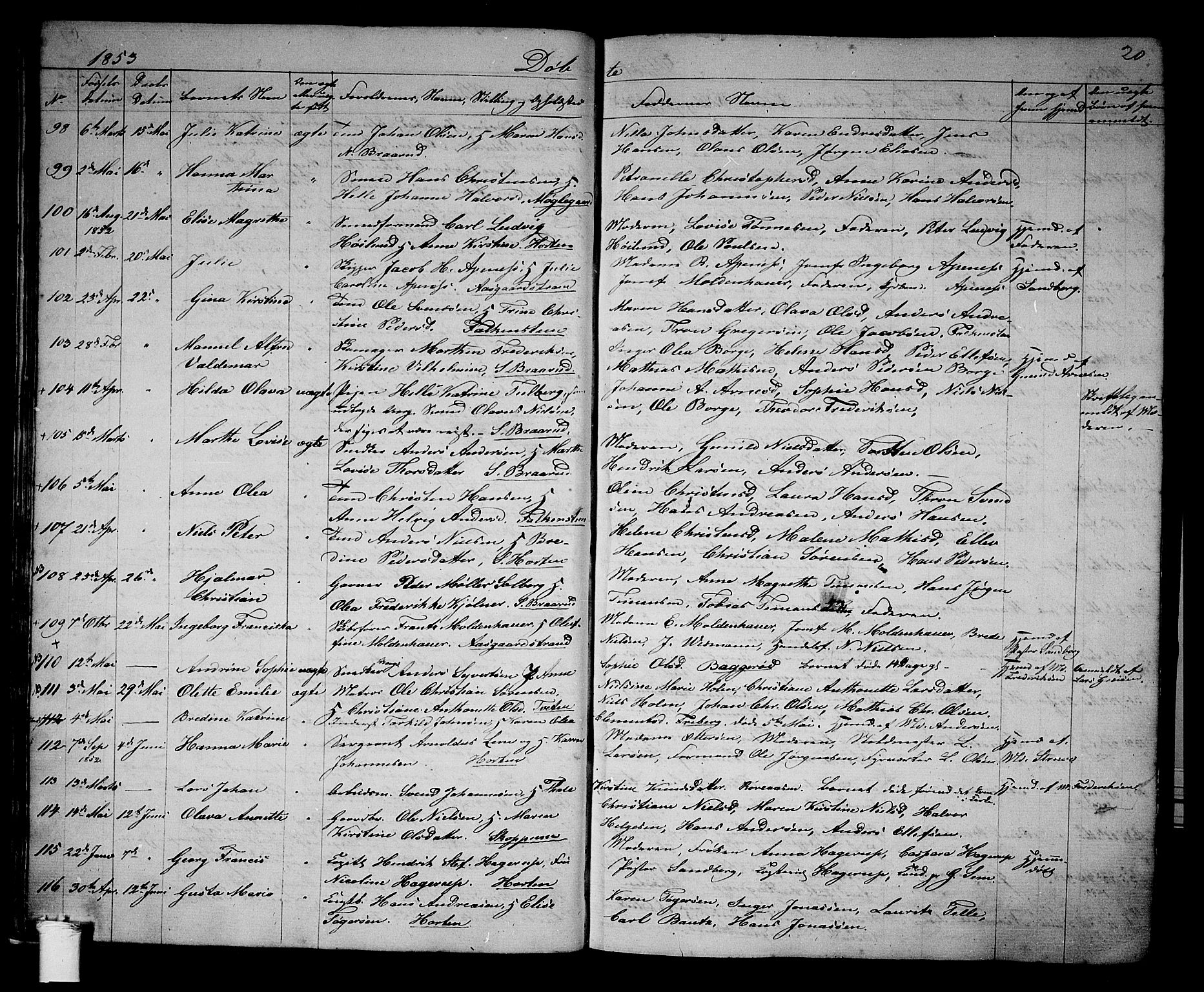 Borre kirkebøker, AV/SAKO-A-338/G/Ga/L0002: Parish register (copy) no. I 2, 1852-1871, p. 20