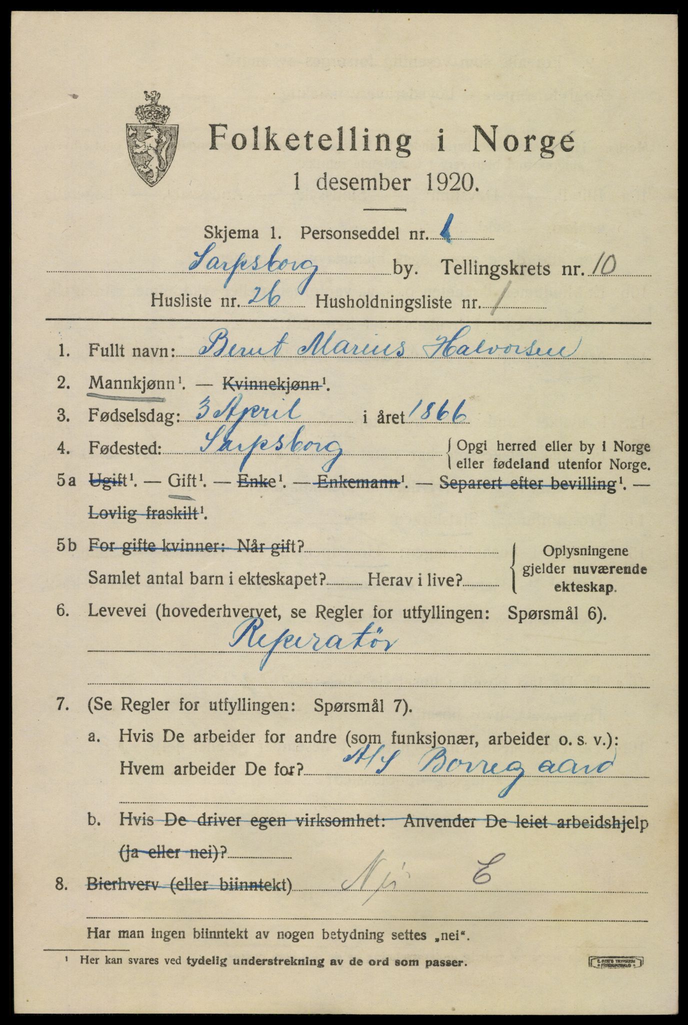 SAO, 1920 census for Sarpsborg, 1920, p. 21364